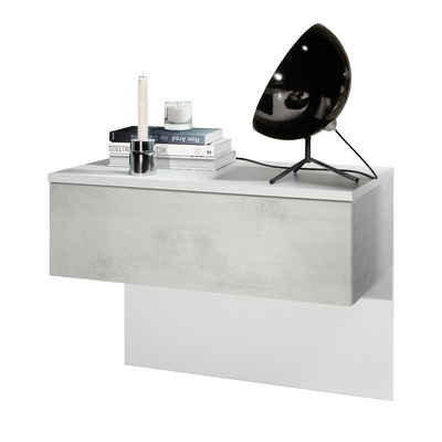 Vladon Nachttisch Sleep (Nachttischschrank, mit Schublade zur Wandmontage), Weiß matt/Beton Oxid Optik (60 x 46 x 35 cm)