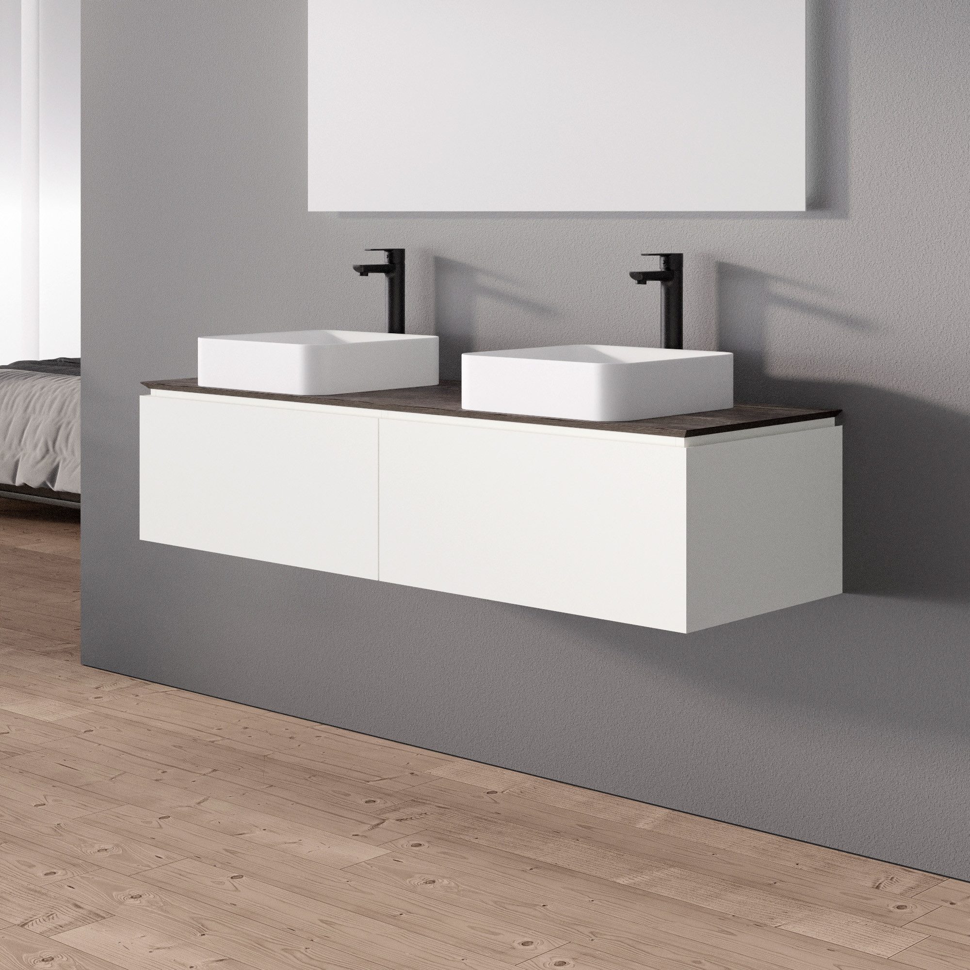 Bernstein Waschbeckenunterschrank Spring Weiß matt 150cm Waschtischunterschrank mit HPL Platte Braun Dekor