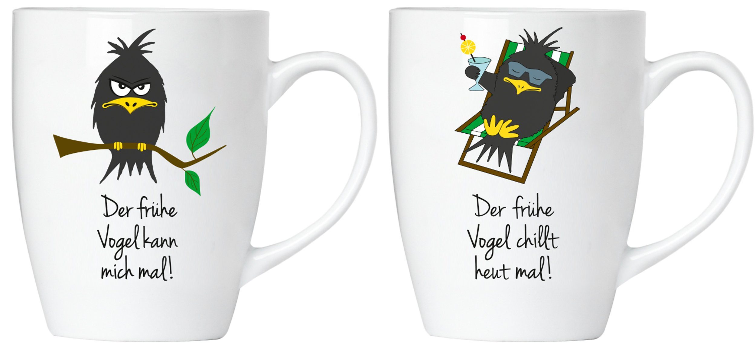 BRUBAKER Tasse 2er Set Kaffeetasse Der frühe Vogel, 4-tlg., Keramik, Kaffeebecher in Geschenkpackung - Becher mit Grußkarte und Spruch