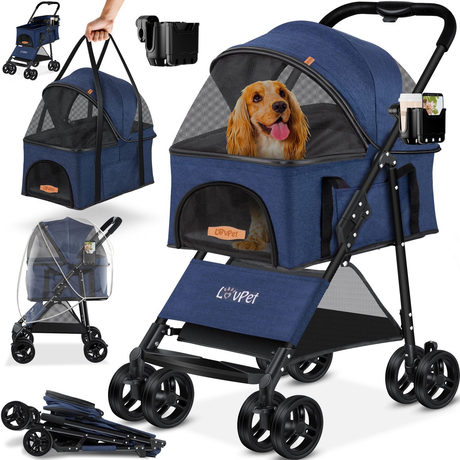 Lovpet Hundebuggy 2in1 Hundewagen max. bis 20kg Buggy für Haustiere, (Hundebox & Tasche mit Regenschutzabdeckung Getränkehalter Kuscheldecke), Haustier- & Katzenbuggy faltbar & klappbar mit Netzfenster