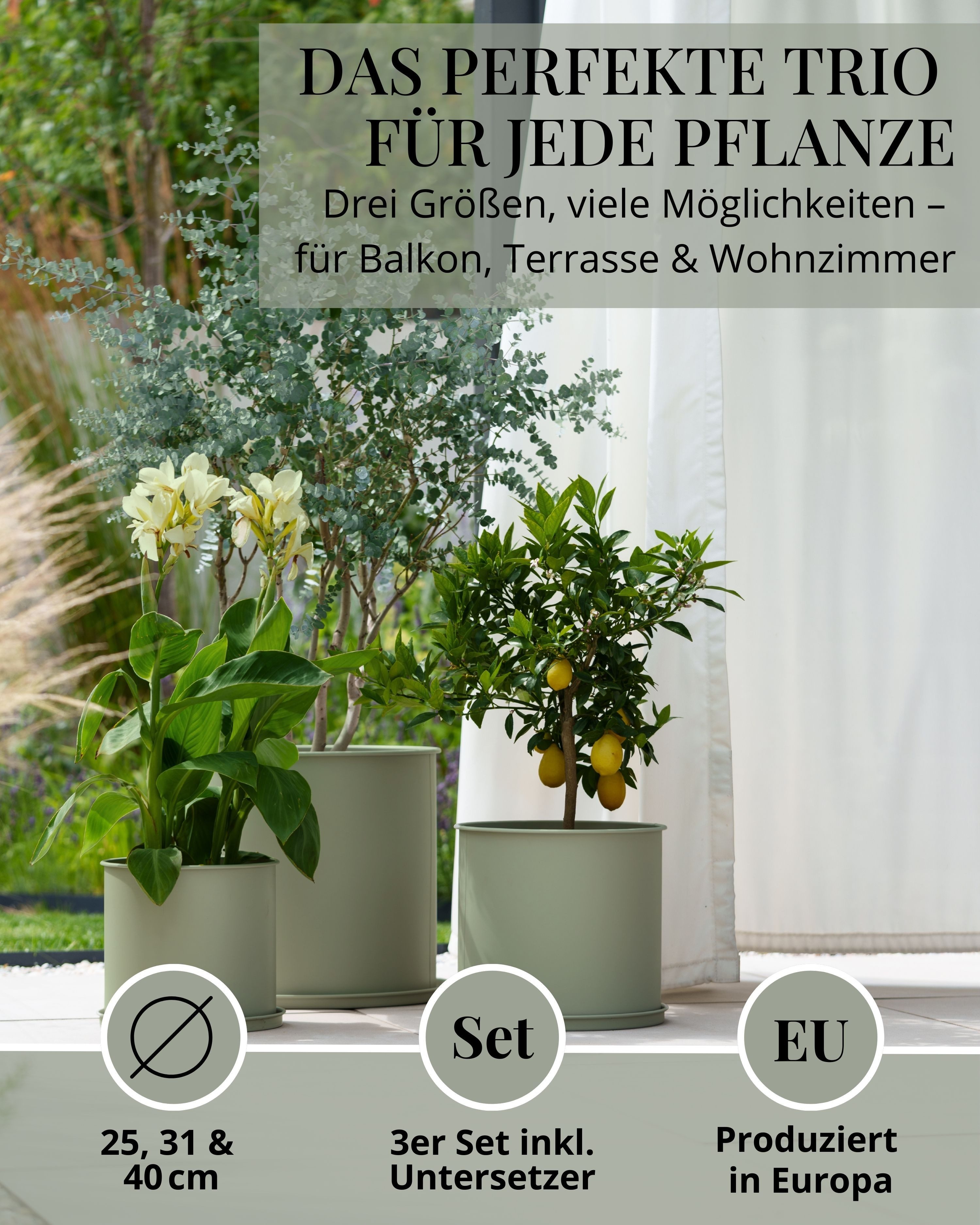 LIVLIG Pflanzkübel Blumentopf mit Untersetzer groß draußen, Übertopf für Pflanzen (3er-Set), Ø 25 cm, 30 cm & 40 cm