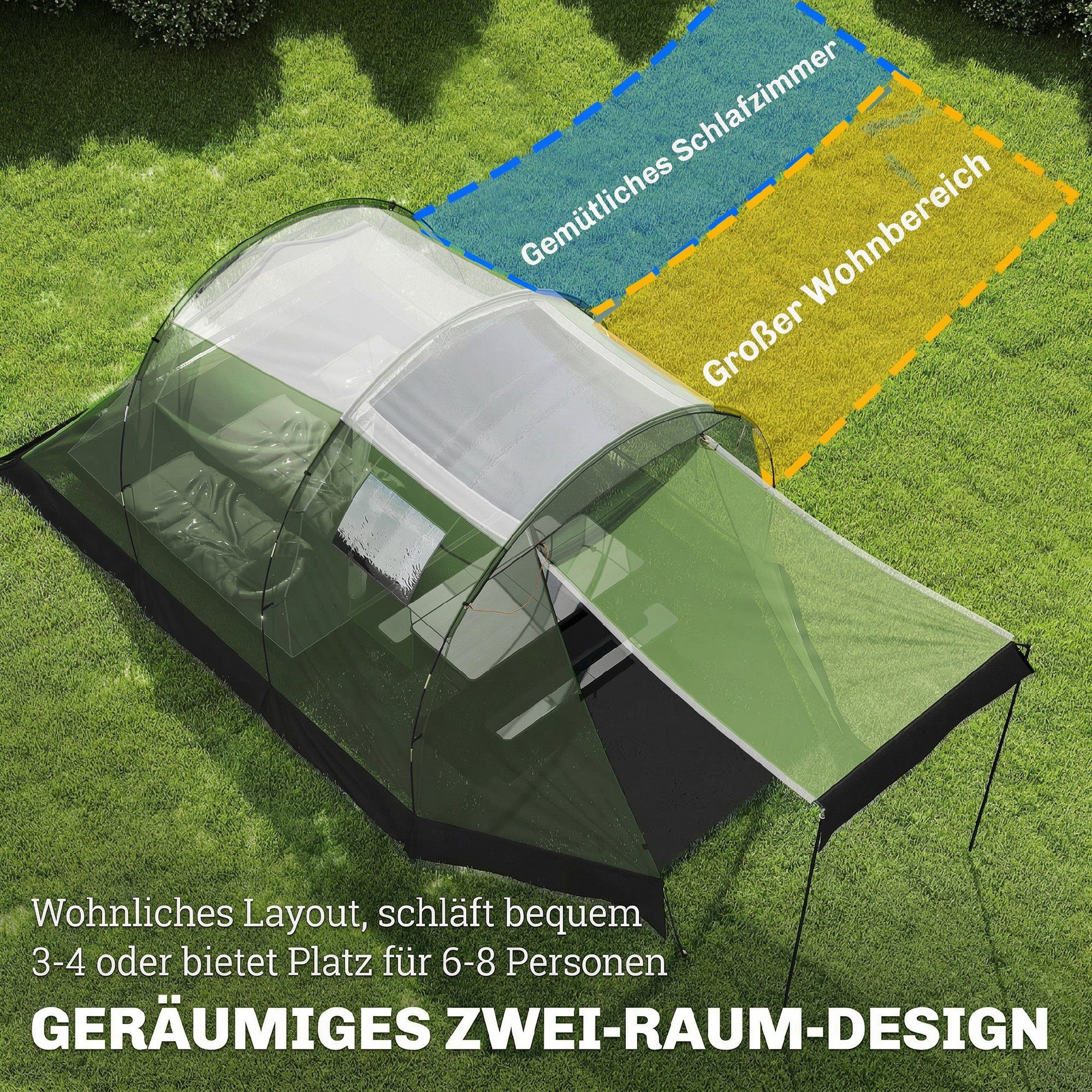 furnicato Gruppenzelt Zelt 4 Personen 460x260x190 cm Armeegrün-Schwarz-Grau, (1 tlg), Wetterfestes Familienzelt mit Regenabdeckung und fester Bodenplane