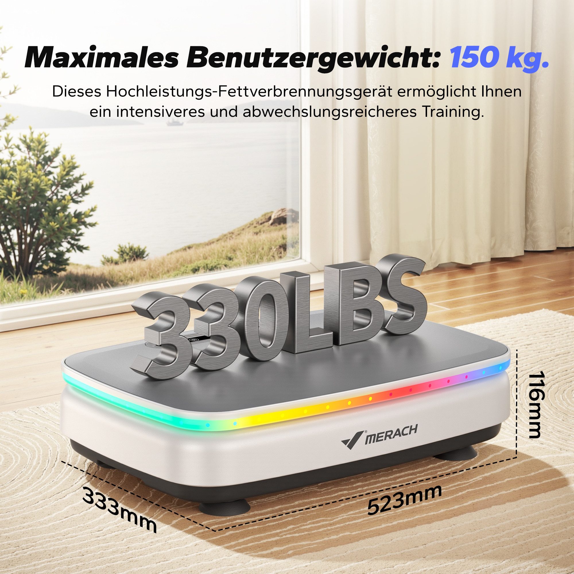 MERACH Vibrationsplatte Vibrationsplatte - 99 Stufen, 7 Programme, Bluetooth & Fernbedienung, 150 W, (LED-Display, Widerstandsbänder, Anti-Rutsch-Oberfläche, 150W Motor), Ganzkörper-Vibration mit individuell einstellbarer Stärke