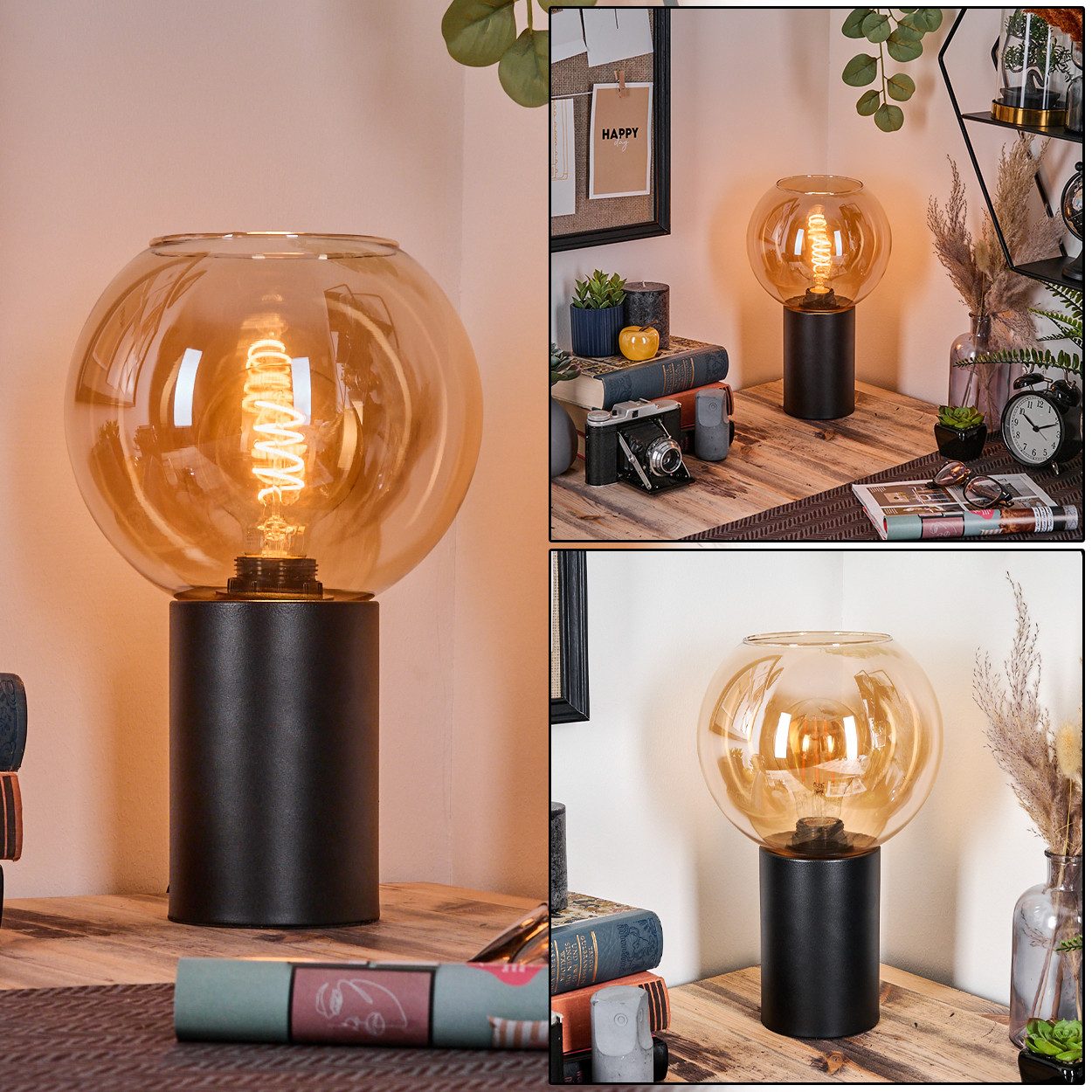 hofstein Tischleuchte Tischlampe aus Metall/Glas in Schwarz/Bernsteinfarben günstig online kaufen