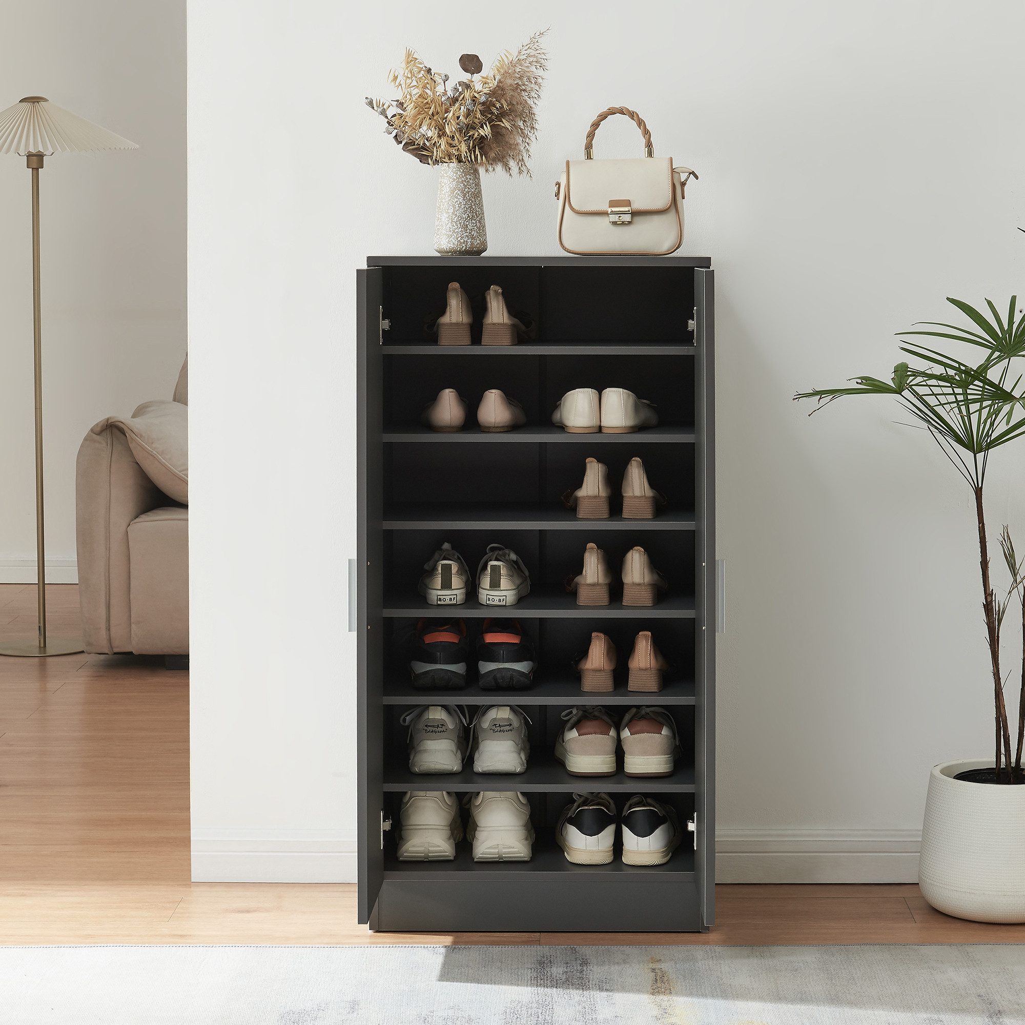 en.casa Schuhschrank »Notribontaa« mit 2 Türen 108x55x35 cm 14 Paar Schuhe Anthrazit
