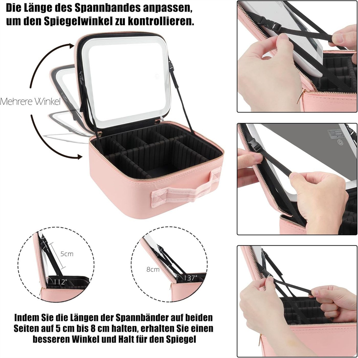 autolock Kosmetiktasche Make up Tasche,Kosmetiktasche mit LED Spiegel(3 Farbe)Schminktasche, Mit großer Pinselstauraum,USB-C Aufladung,Reisebox für Damen