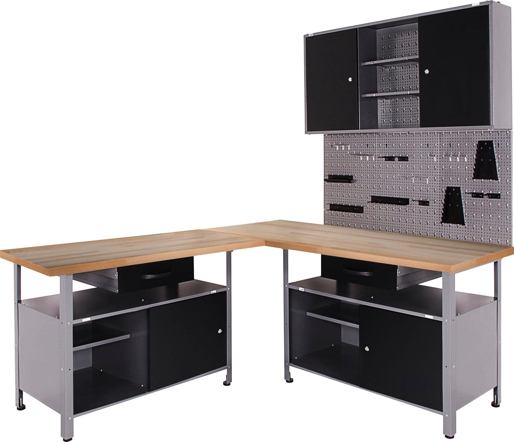 ONDIS24 Werkstatt-Set, (4-tlg), mit 2 Werkbänken, Werkzeugschrank & Lochwand