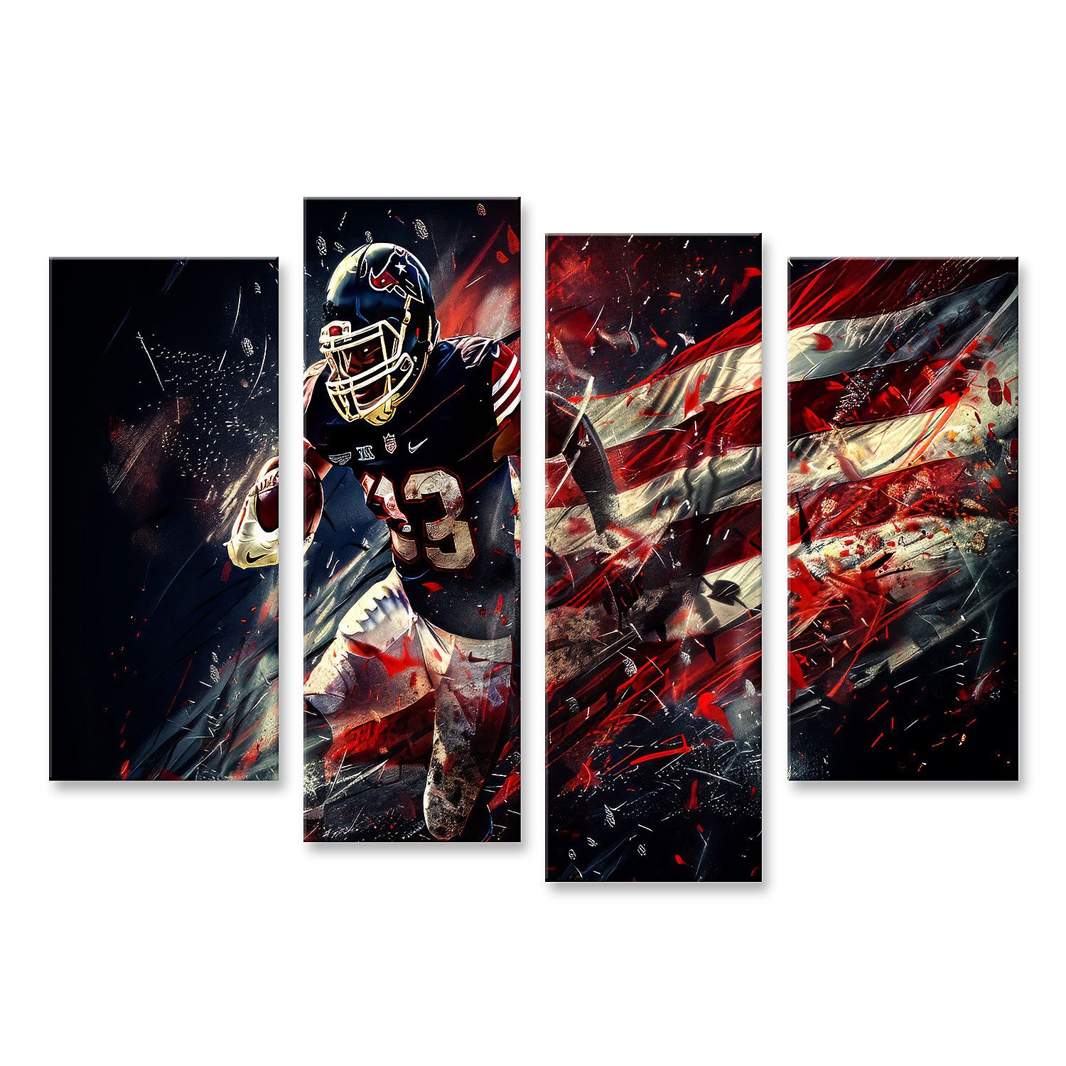 islandburner Leinwandbild, Dynamischer Footballspieler mit amerikanischer Flagge