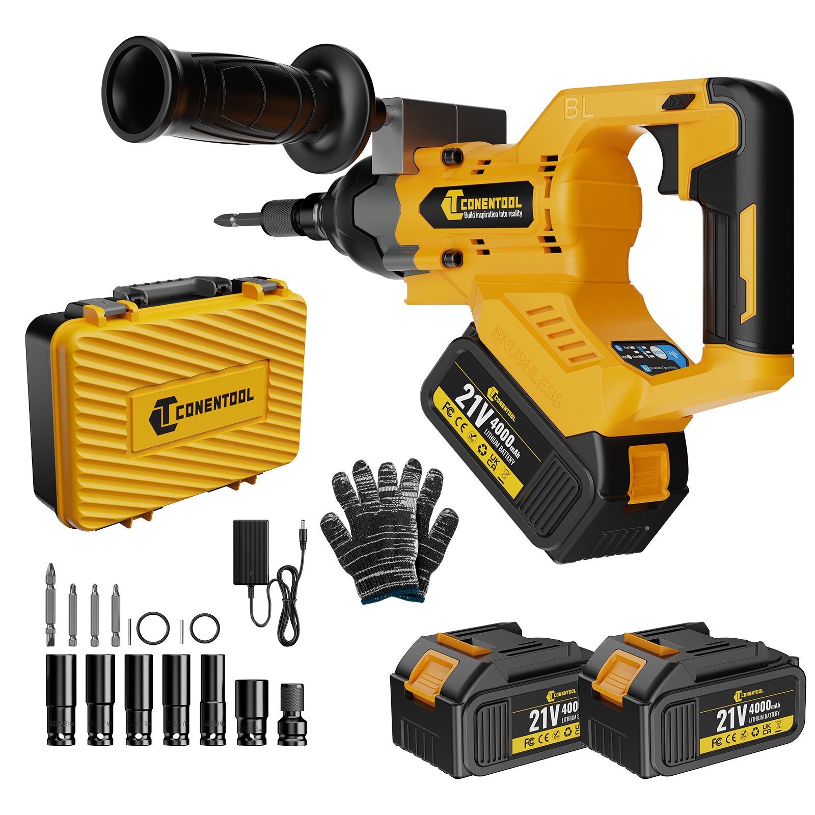 CONENTOOL Akku-Schlagschrauber 1000 Nm 21V Bürstenlos, 1/2" Zoll, 3500 U/min, (set, inkl. 2x 4 Ah Akkus und Ladegerat, 6 Steckschlüsseln), für Auto & Haushaltsmontage