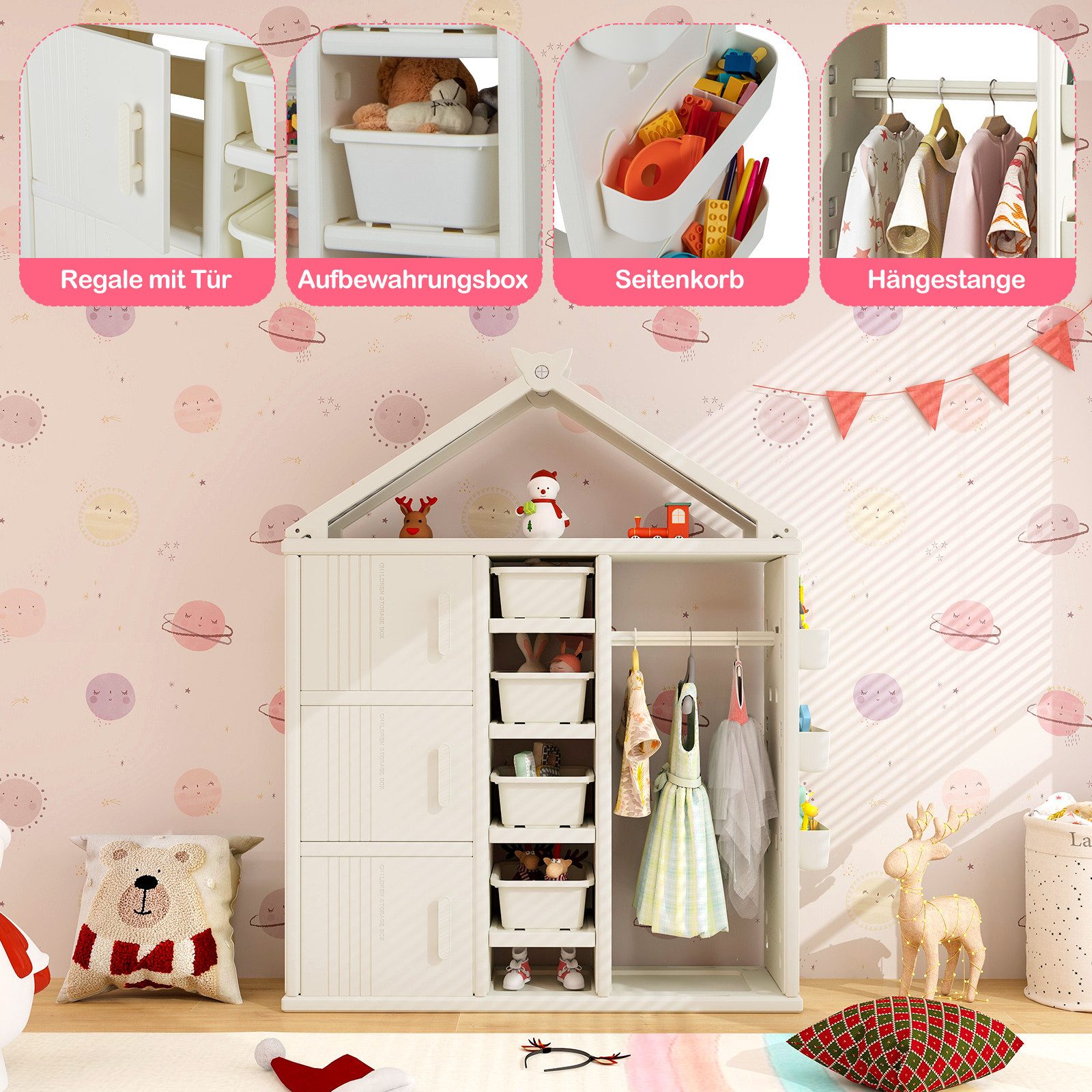 COSTWAY Kinderregal, Spielzeugregal in Hausform mit Boxen und Schubladen