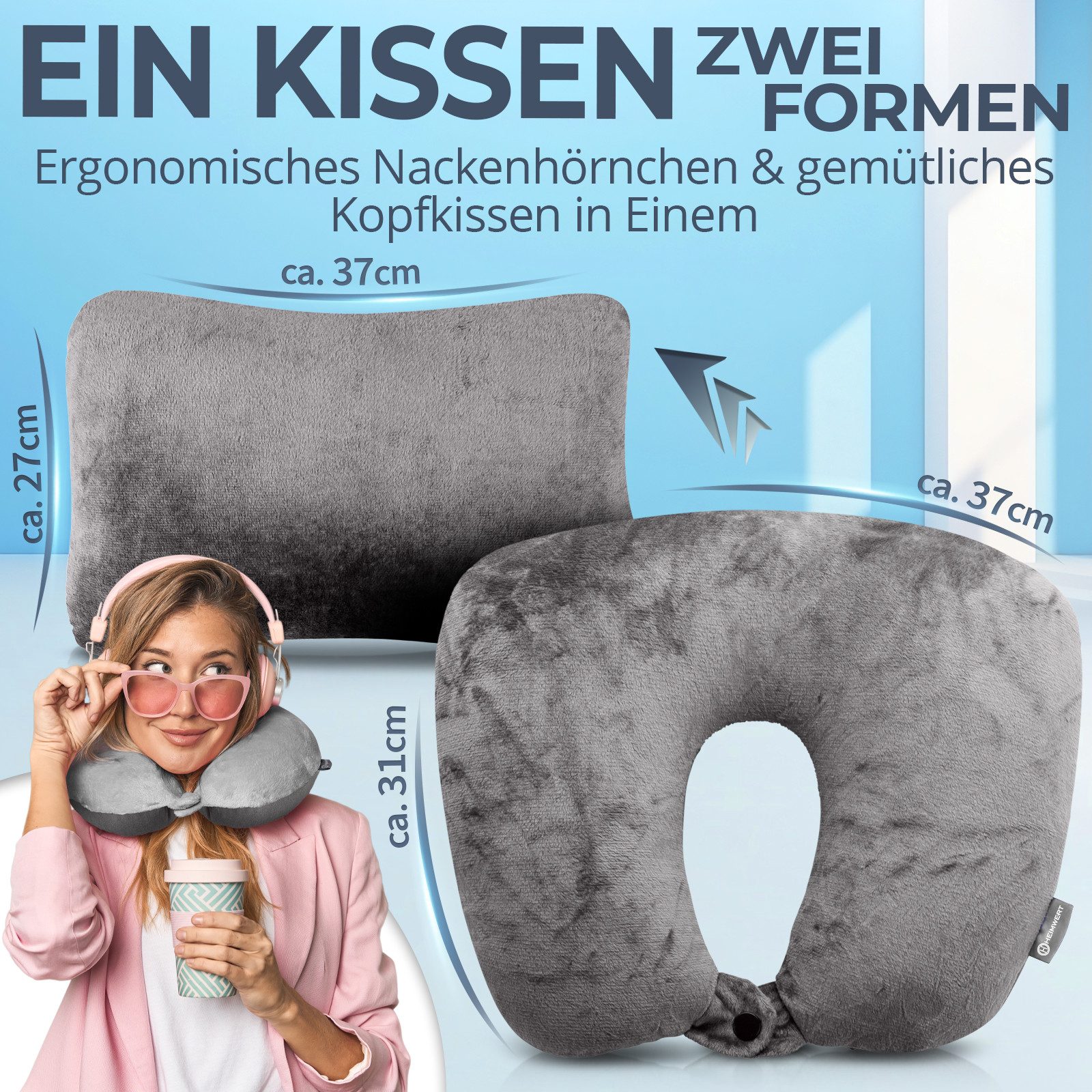 HEIMWERT Reisekissen Nackenkissen 1x, 31x21 cm, 1-tlg., Nackenhörnchen und Kissen in Einem (2in1)