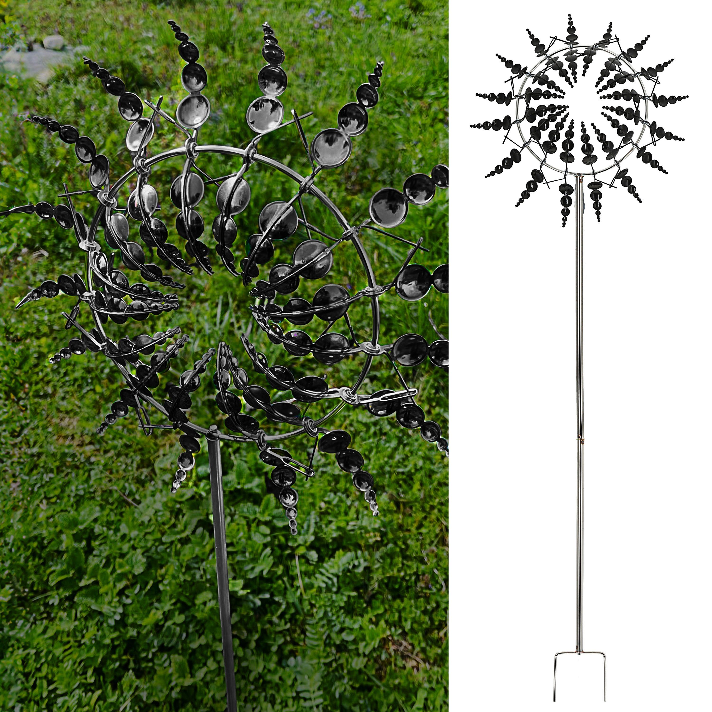 CEPEWA Windspiel Windrad 3D 16 Flügel Schwarz Metallic-Effekt Ø30xH100cm Erdspieß