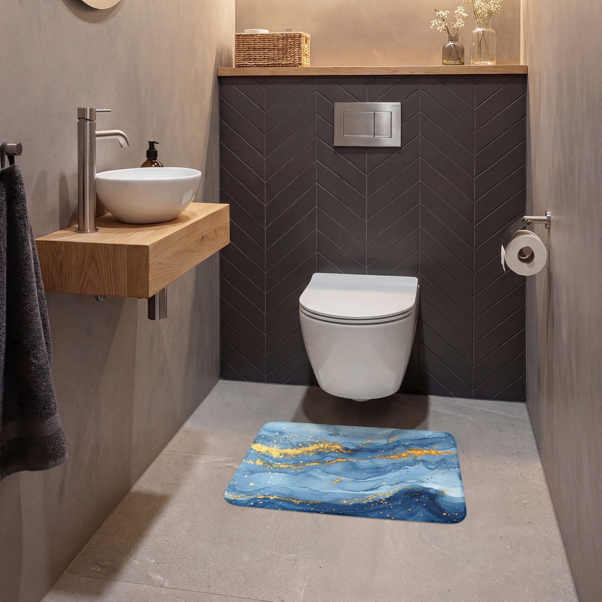OnlyWow WC-Vorleger Aquarell - Blau - Kunst - Gold - Luxus - Modern, Höhe 10 mm, Polyester, Rechteckig, WC Teppich, Toilettenvorleger, Toilettenteppich, Bademat – Bild 4 von 5