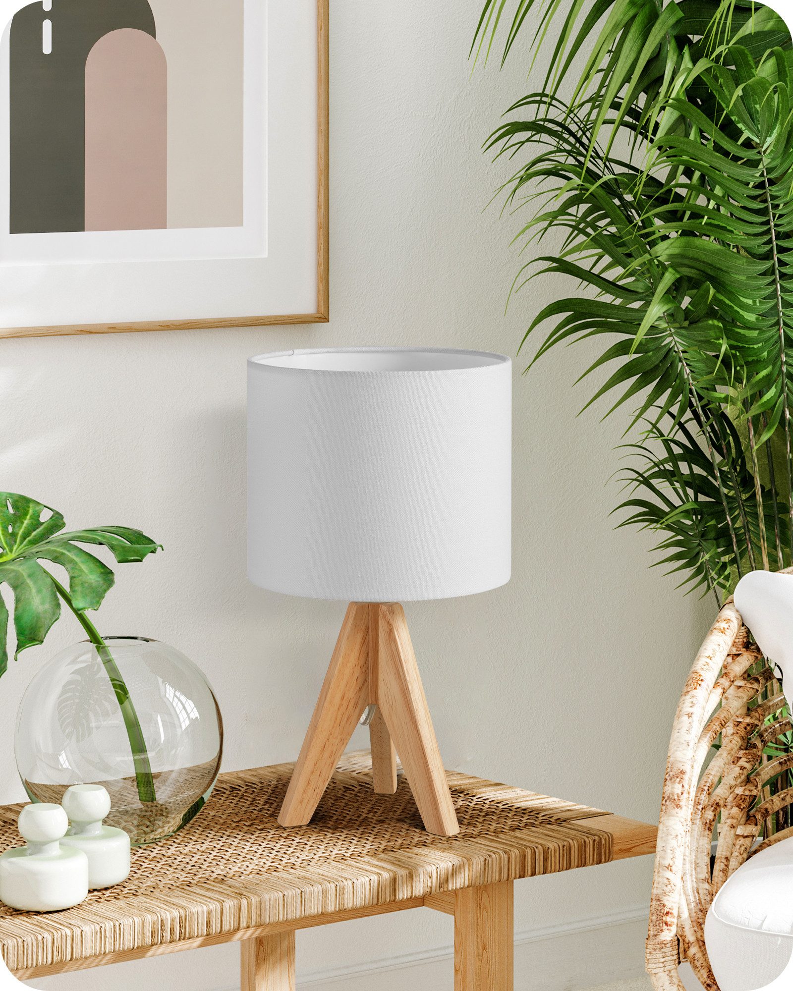 EDISHINE Nachttischlampe Vintage Tischlampe Holz mit Stoffschirm, inkl. Leuchtmittel, LED wechselbar, Warmweiß, Lampenschirm aus Leinen, für Deko, Schlafzimmer, Wohnzimmer
