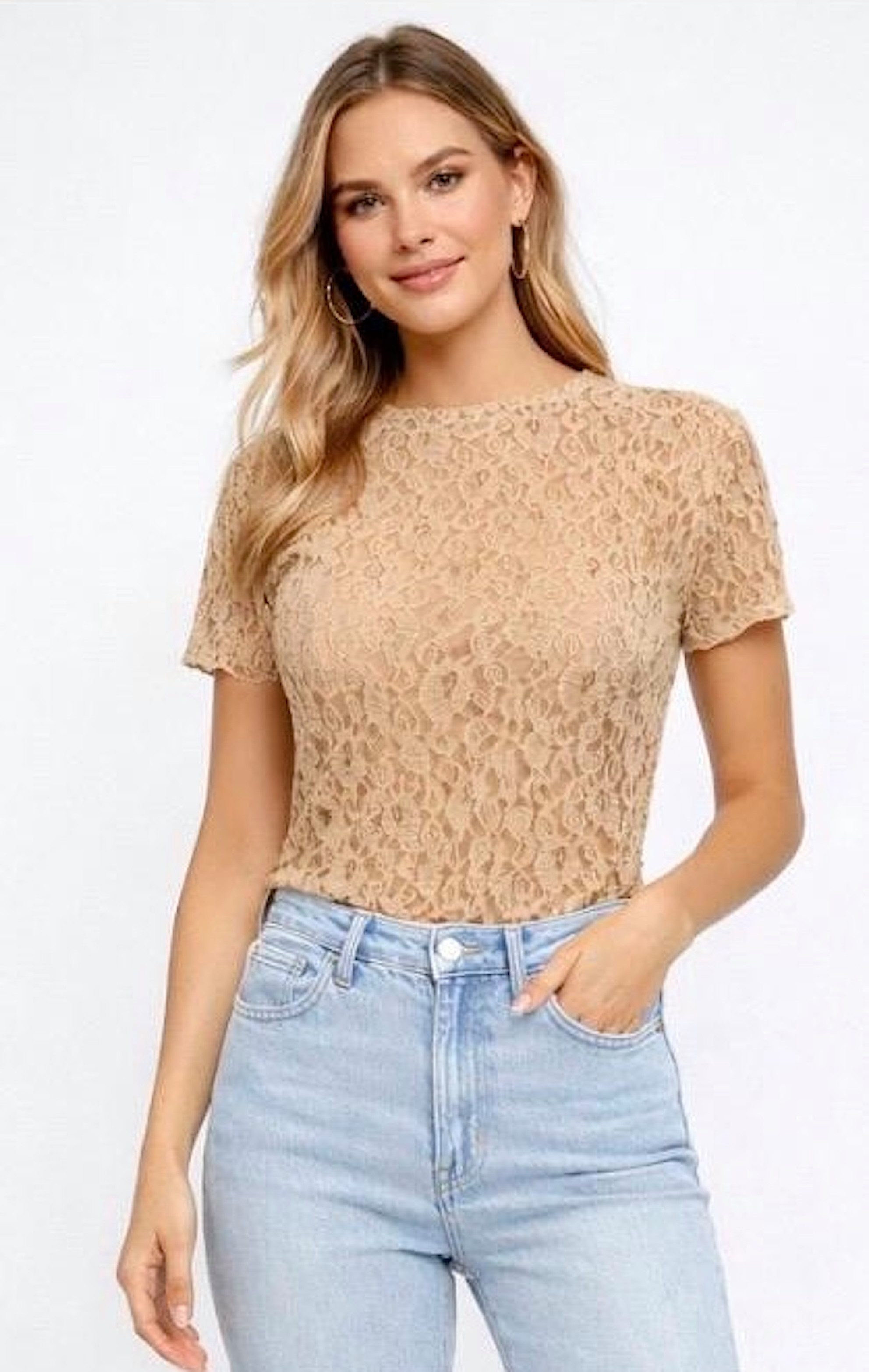 Worldclassca Spitzenshirt Worldclassca Spitzenshirt Kurzarm Mesh Bluse Stehkragen Lace Elegant Neue Kollektion - Stilvolle und gemütliche Mode für Damen