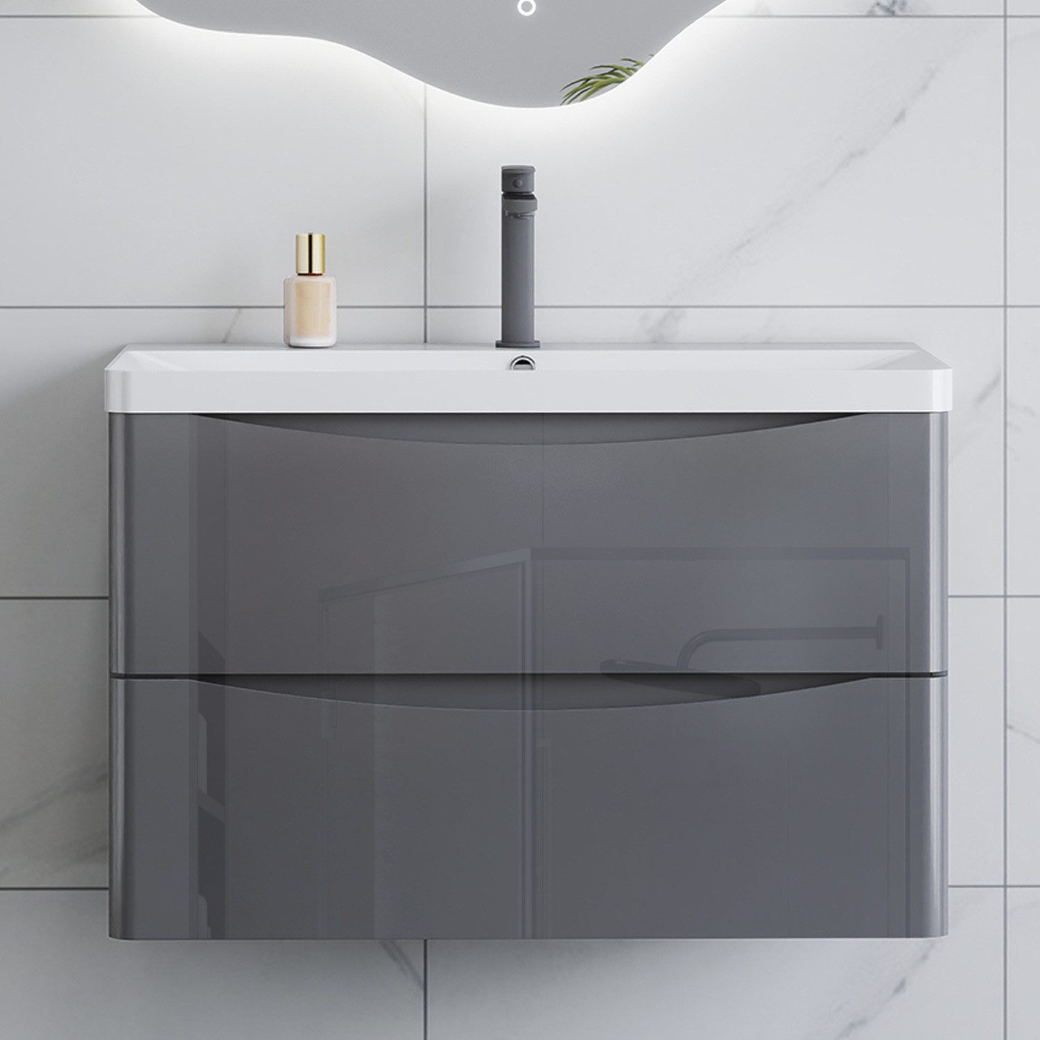 duschspa Waschtisch Waschbecken mit Unterschrank Badmöbel Set Modern (Smiley), Hochglanz Dunklegrau