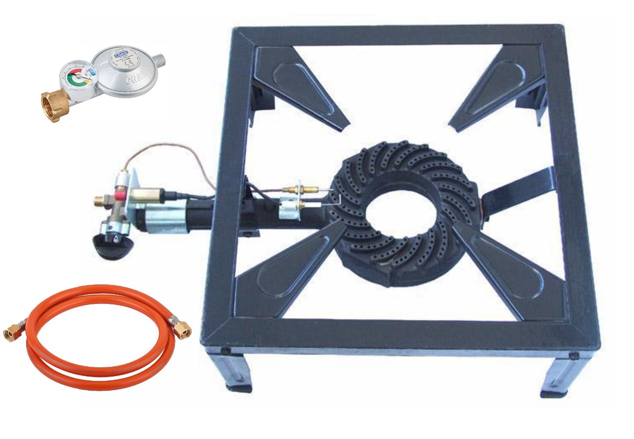 Wehmann Gaskocher 10,5 KW Profi 4 Fuß Hockerkocher, mit Gasschlauch und Druckregler 120 kg Belastbarkeit