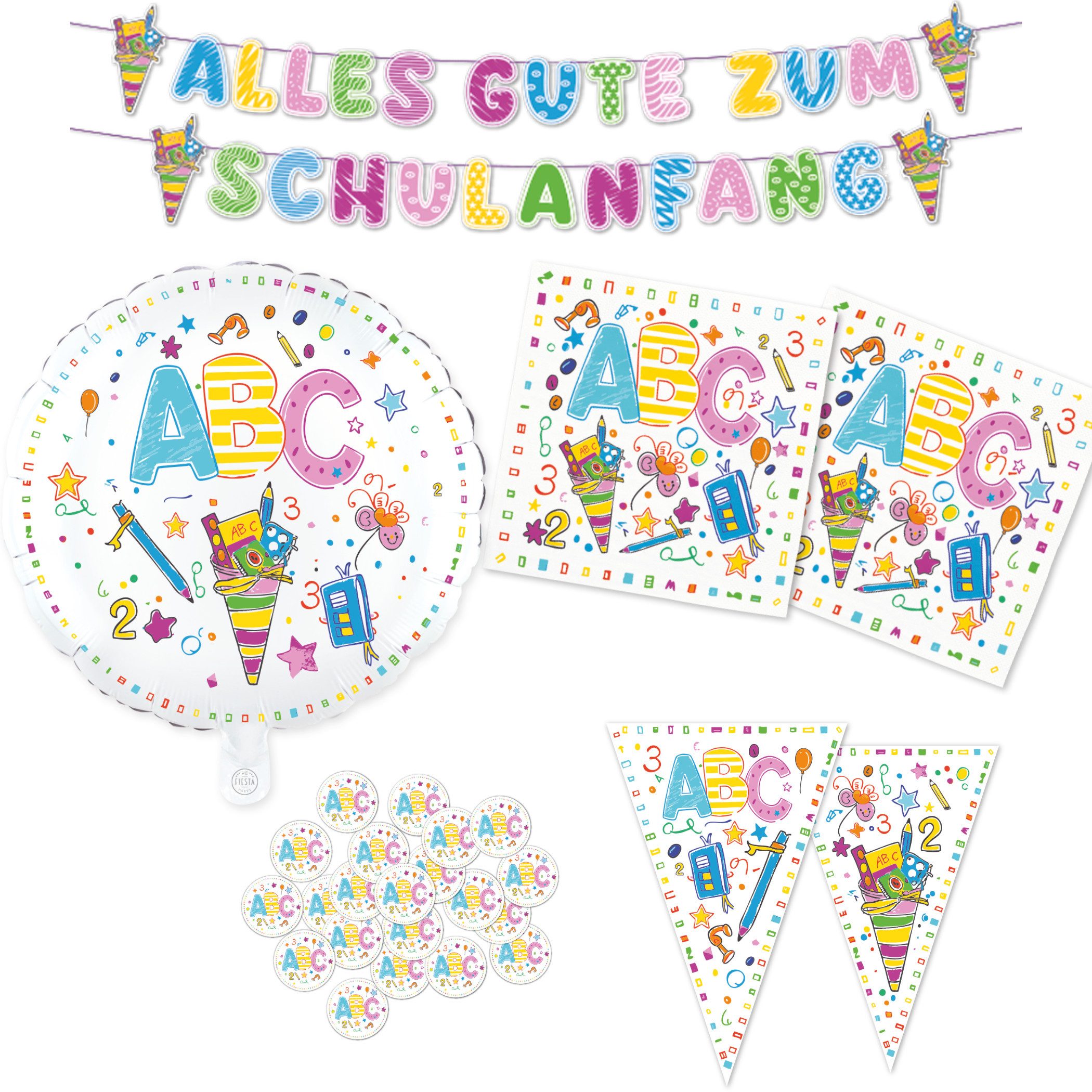 Globos Europ BV Kindergeschirr-Set Partyset Schulanfang - Deko für die Einschulung (24-tlg), 8 Personen