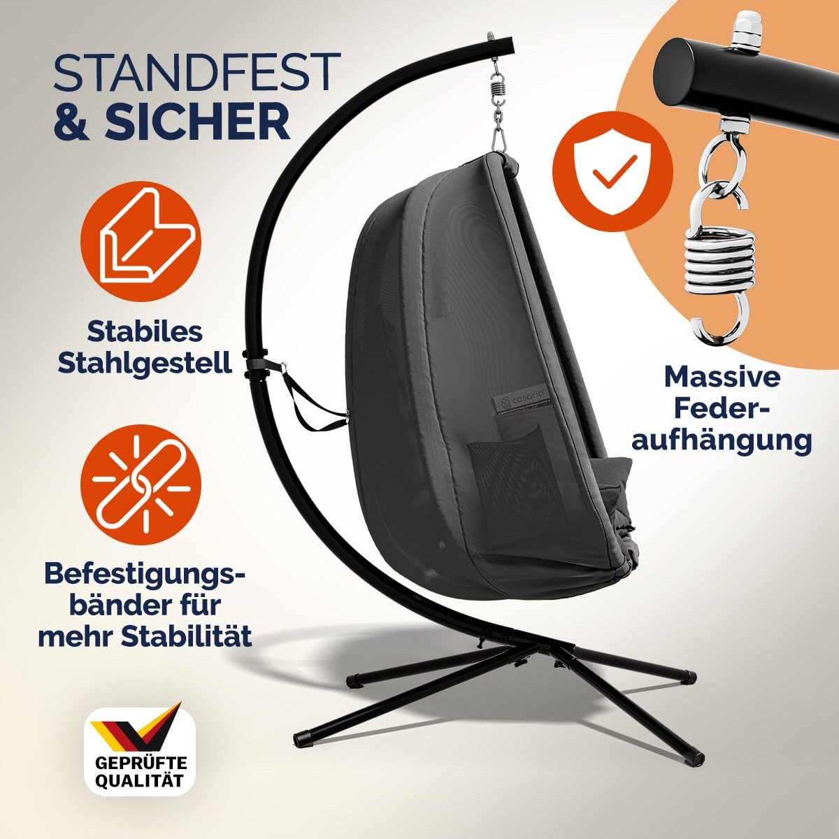 Casaria Hängesessel, mit Gestell XXL Kissen & Seitentaschen Outdoor Wetterfest 150kg