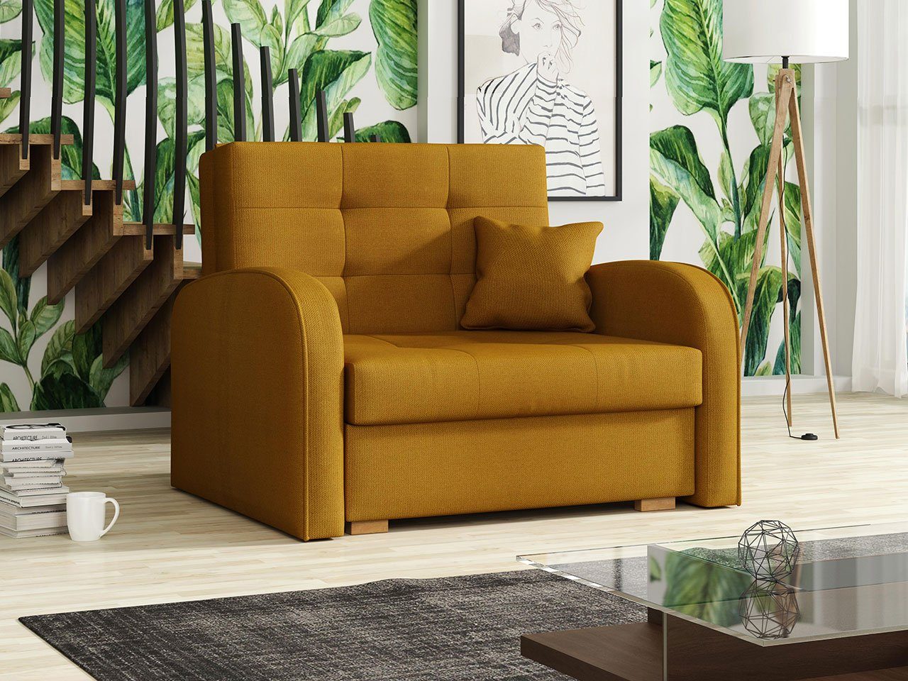 MIRJAN24 Schlafsofa Viva Gold I, mit Bettkasten und Schlaffunktion, einsitzer Bettsofa inkl. Kissen, Sofagarnitur Kronos 01