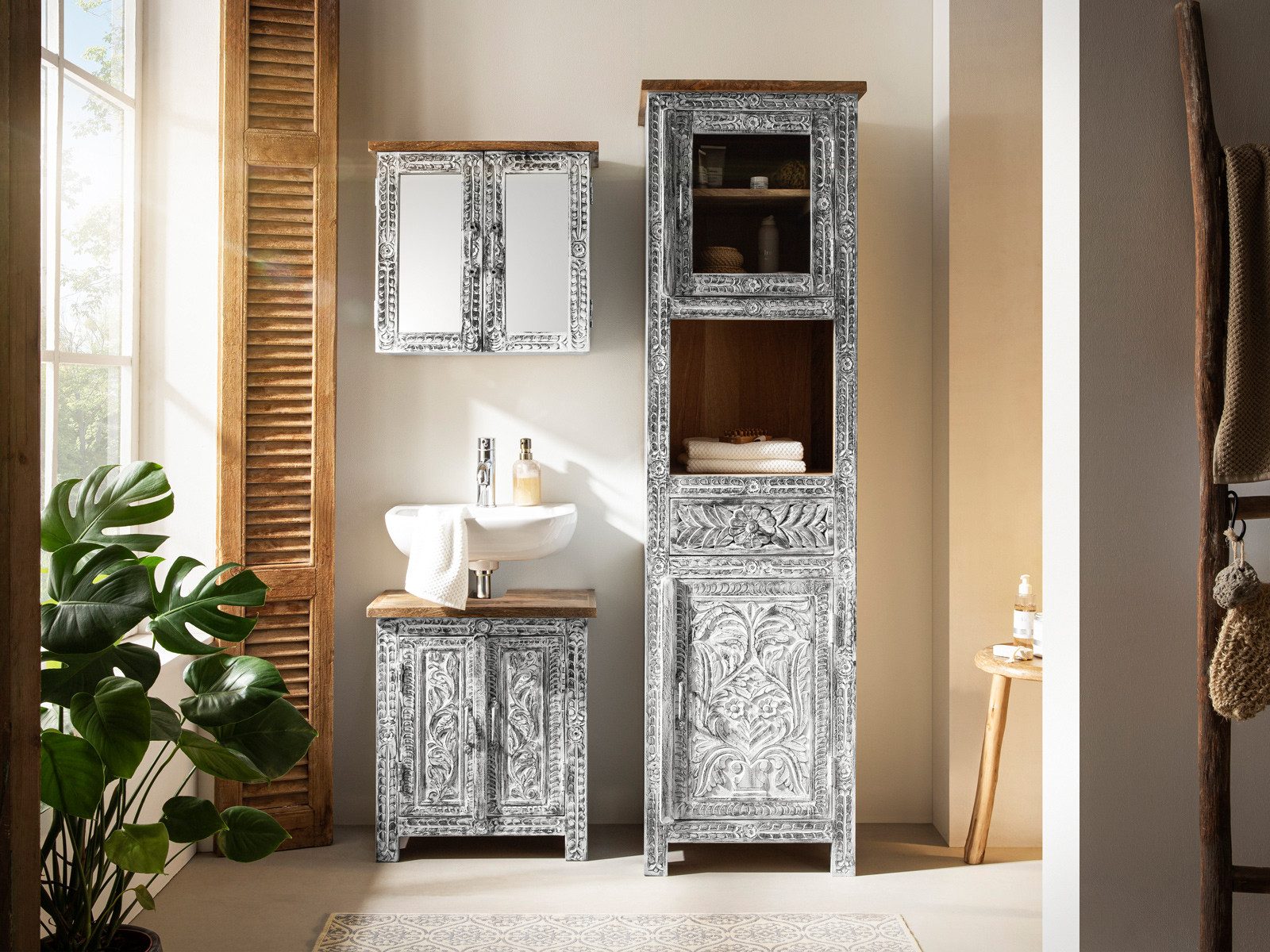 massivum Badezimmer-Set Santa Cruz Massivholz Landhaus weiß-grau