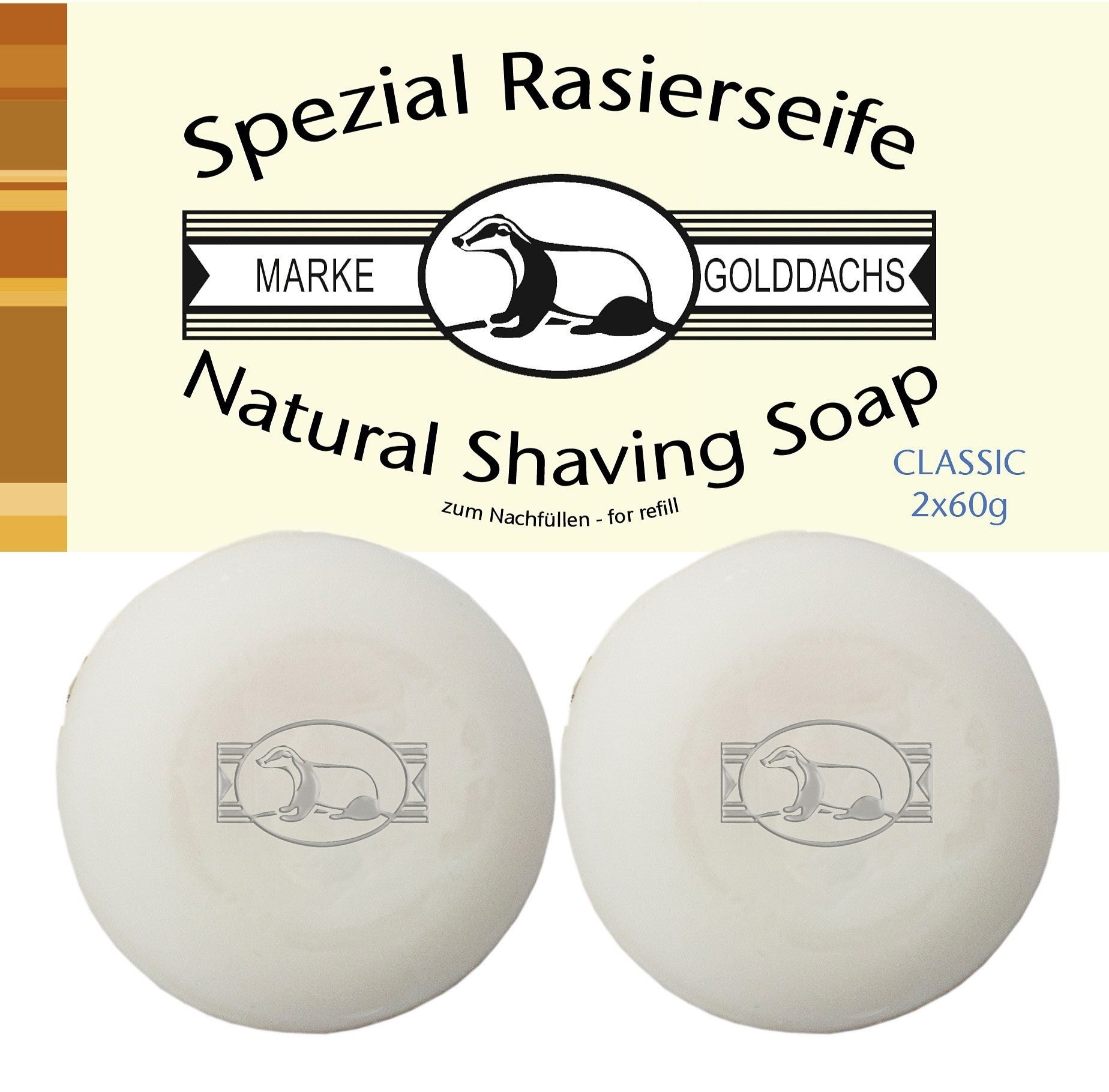 Golddachs Rasierseife Classic, 2-tlg., Sorgt für eine leichte, gründliche Rasur, Schaum ist dicht und cremig.