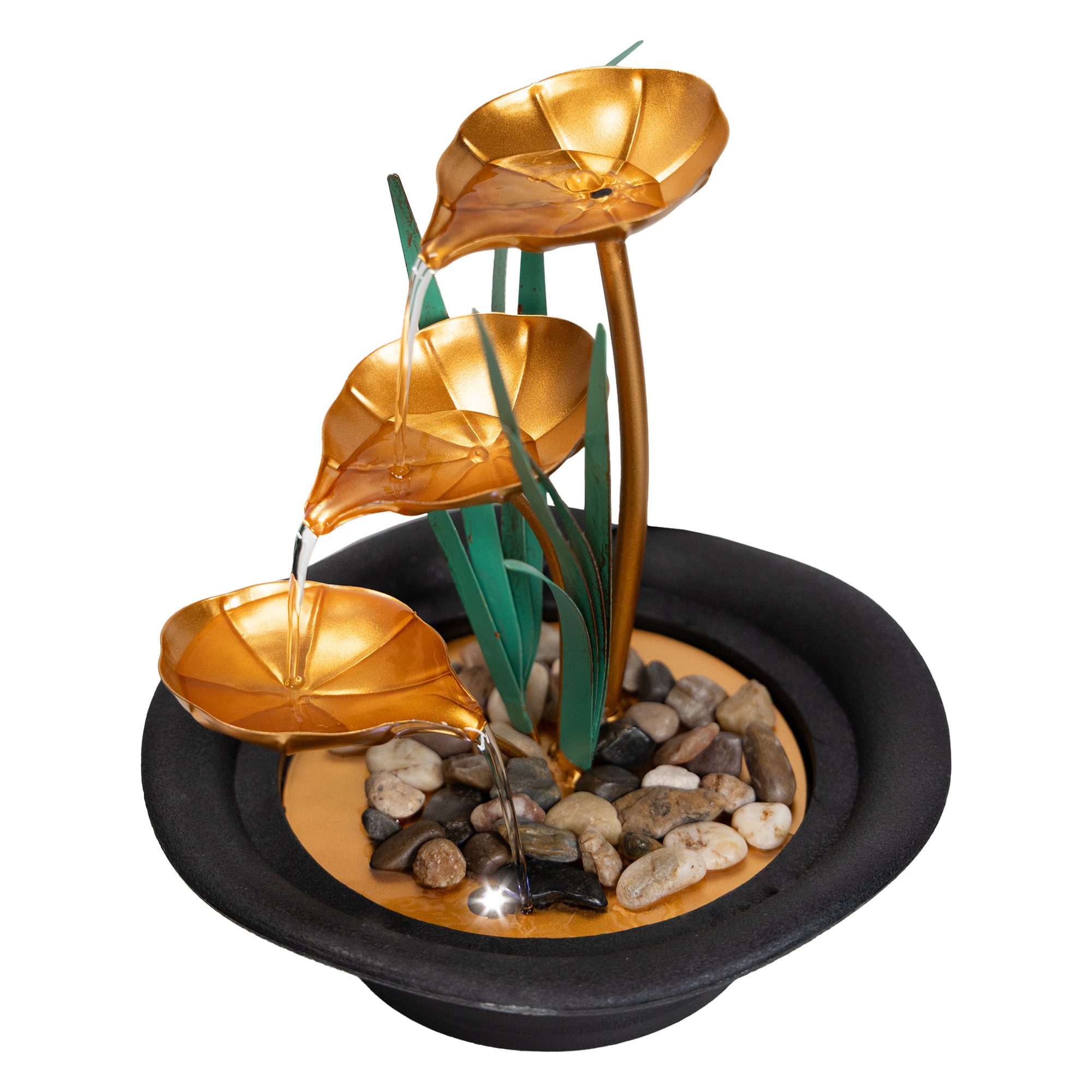Lemodo Zimmerbrunnen Dekobrunnen mit Metallblätter, 3 Stufen, 23 cm Breite