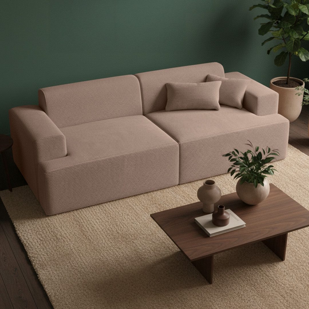 skølm Sofa Freki aus Cord, Vollschaumcouch mit Federkern und Vakuum-Kompression, Taupe, Couch 2 Sitzer mit 2 Kissen, kein Aufbau erforderlich