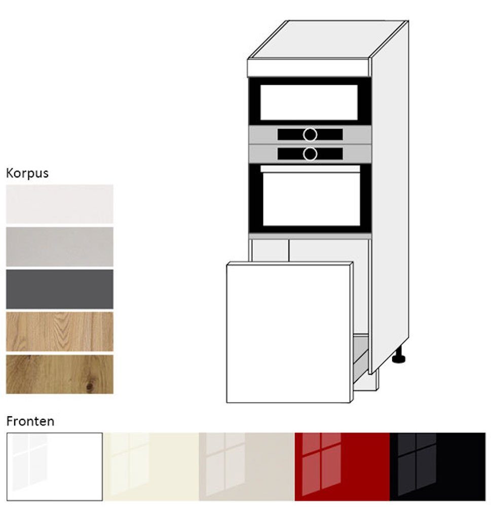 Fächern Korpusfarbe Front- Hochglanz & 2 Schublade schwarz Backofenumbauschrank Feldmann-Wohnen wählbar Platinium 1 60cm