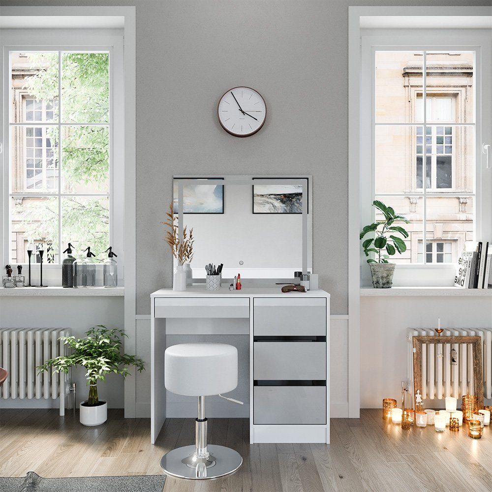 Vicco Schminktisch Sherry, Weiß Hochglanz, 90 cm mit LED-Spiegel und Hocker günstig online kaufen