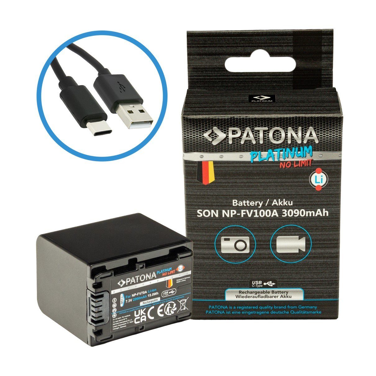 Patona Akku für Sony NP-FV100 mit USB C Input Kamera-Akku Ersatzakku Akku 3090 mAh (7,4 V, 1 St), FDR-AX40 FDR-AX45 FDR-CX680 NEX-VG30