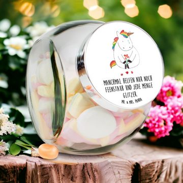 Mr. & Mrs. Panda Vorratsglas XL 2000ml Einhorn Traurig - Weiß - Geschenk, Küchenorganizer, Pegasus, Premium Glas, (1-tlg), Mit Motiv