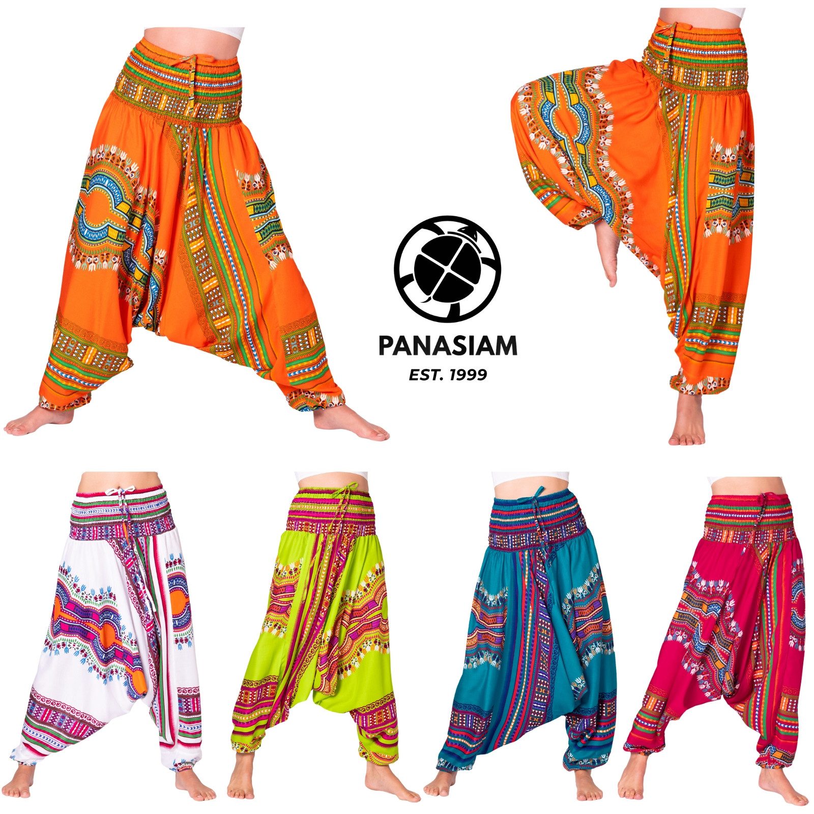 PANASIAM Haremshose Unisex Aladinhose mit afrikanischem Muster aus natürlicher Viskose Bunte Sommerhose für Yoga, Strand, Reisen weite Haremshose für Alltag