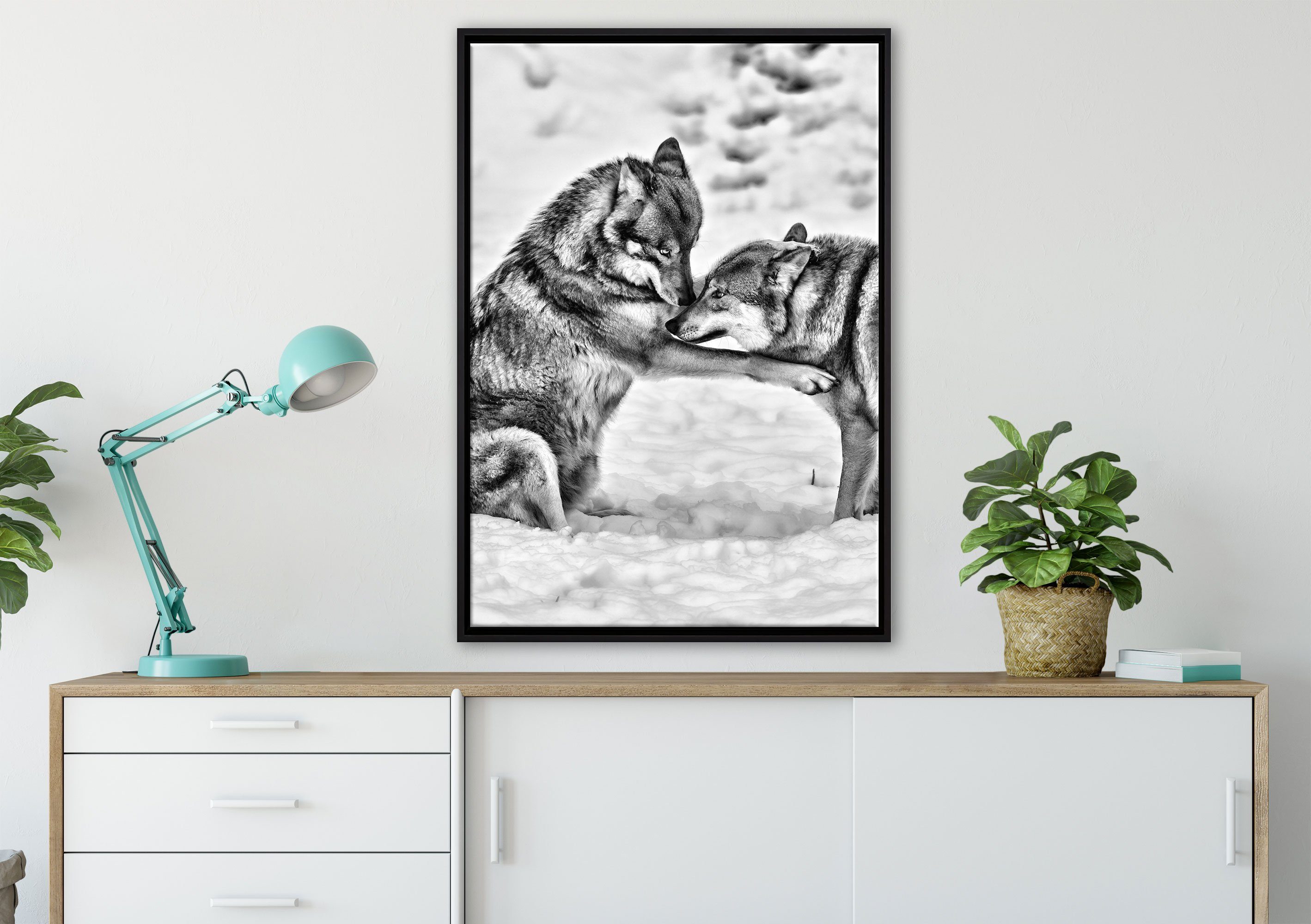 Pixxprint Wolfsrudel, St), spielendes Schattenfugen-Bilderrahmen einem in Leinwandbild gefasst, bespannt, inkl. Wanddekoration (1 fertig Leinwandbild Zackenaufhänger