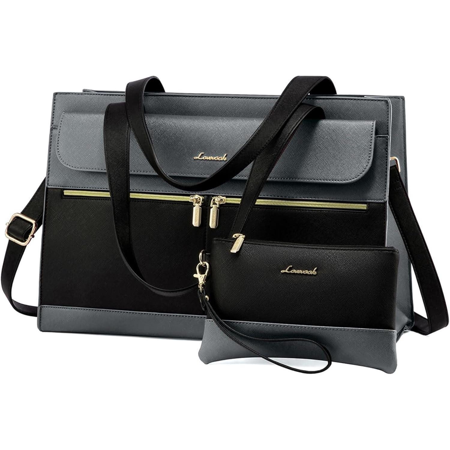 Laptoptasche 15,6 Zoll Laptop Handtasche Damen Groß PU Leder Wasserdicht Grau