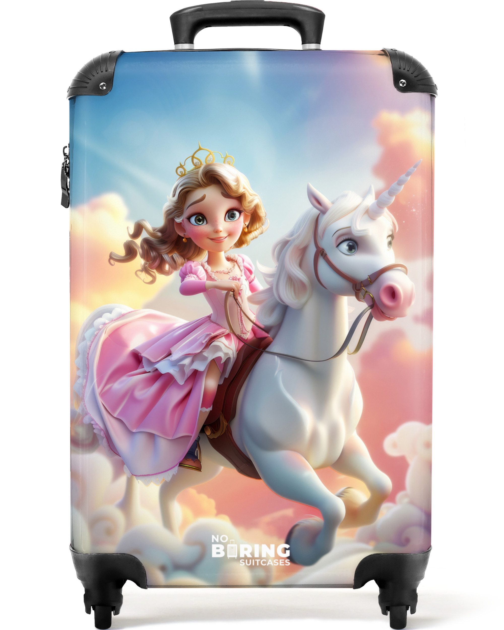 NoBoringSuitcases.com© Kinderkoffer Prinzessin und Einhorn mit Regenbogen und rosa Wolken 55x35x20cm, 4 Rollen, Handgepäck-Koffer, Kinderkoffer, Reisekoffer Mädchen