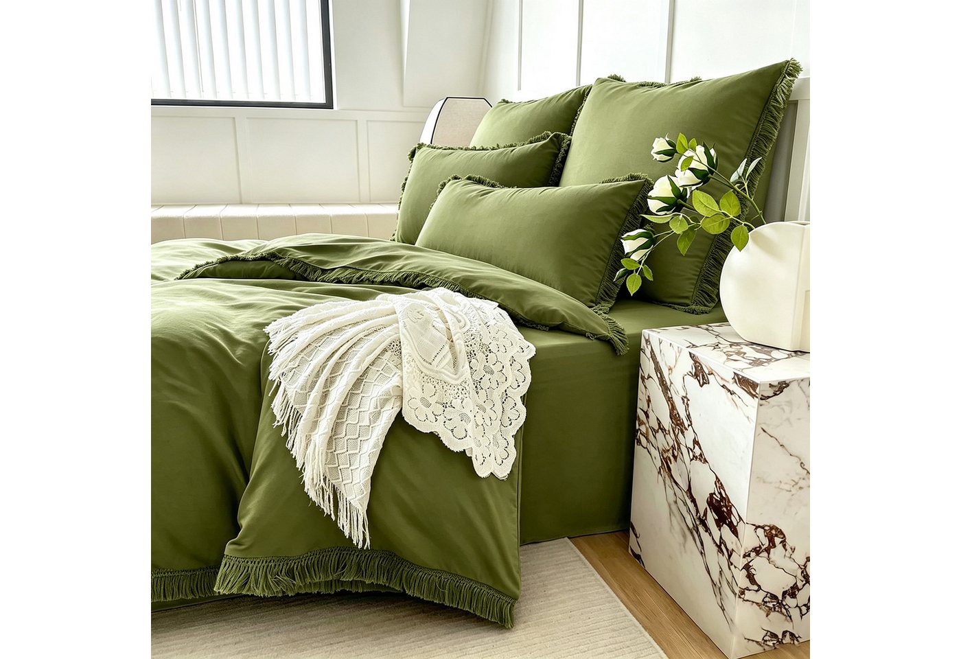 wohnTRAUM24 Bettwäsche Boho-Quasten-Bettwäsche-Sets 135x200 200x200, für alle Jahreszeiten, Quasten, 3 teilig, Premium Qualität, 100 % Polyester, sehr weich, uni, ab 135x200 cm