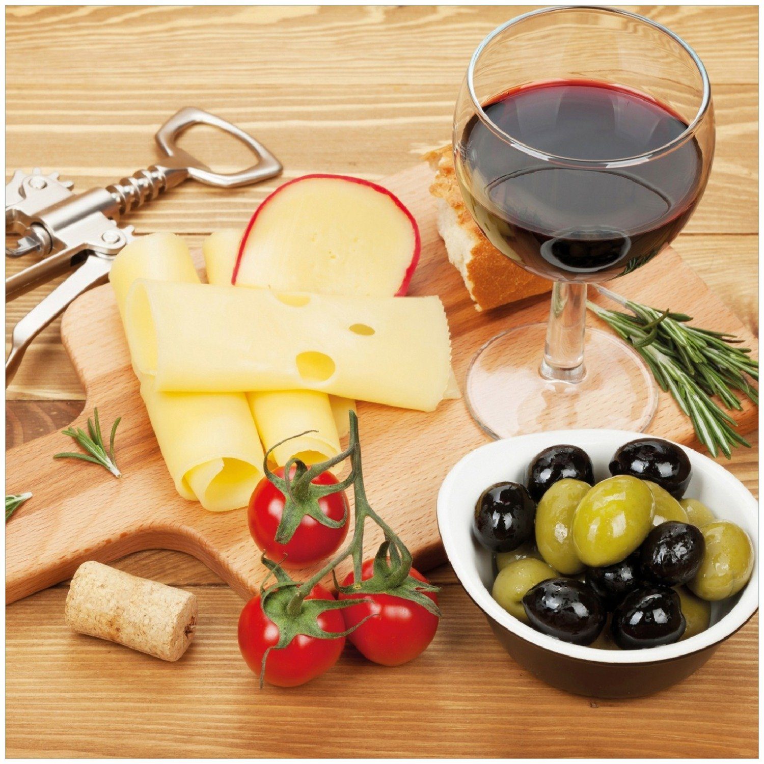 Wallario Memoboard Genuss am Abend - Rotwein, Käseplatte, Oliven und Tomaten