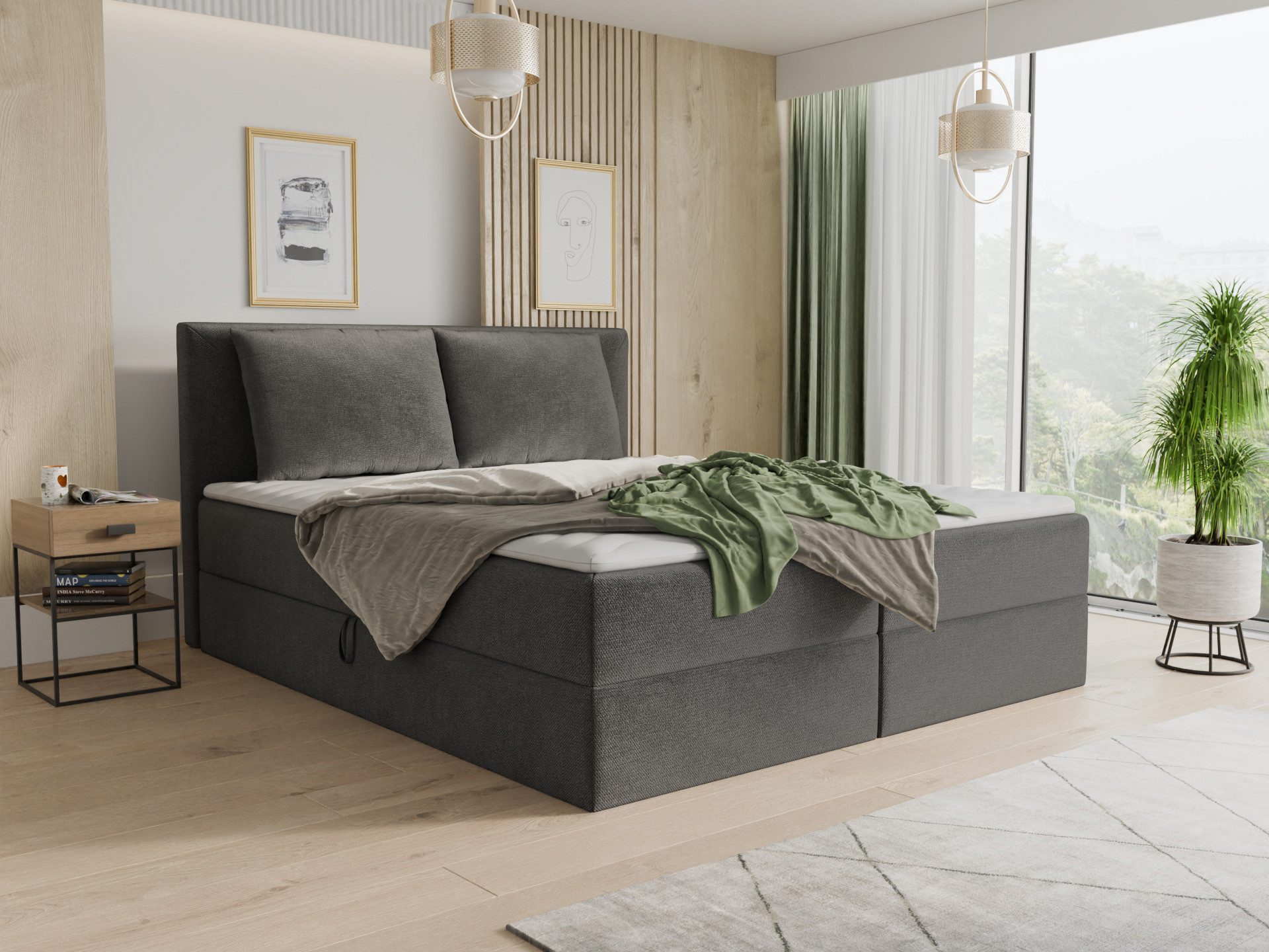 Sofnet Boxbett Egro (mit zwei Bettkästen, Bonell-Matratze und Topper), Doppelbett, Polsterbett mit Kopfteil und Kissen, Boxspringbett