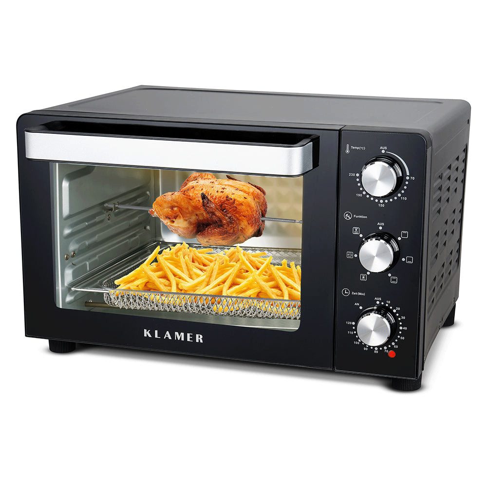 KLAMER Minibackofen mit Umluft (30 Liter), 6 Backfunktionen, 70-230°C, 120 min. Timer, Mi…, 6 Heizarten, Drehspieß inkl., Innenlicht, 3 Einschubhöhen