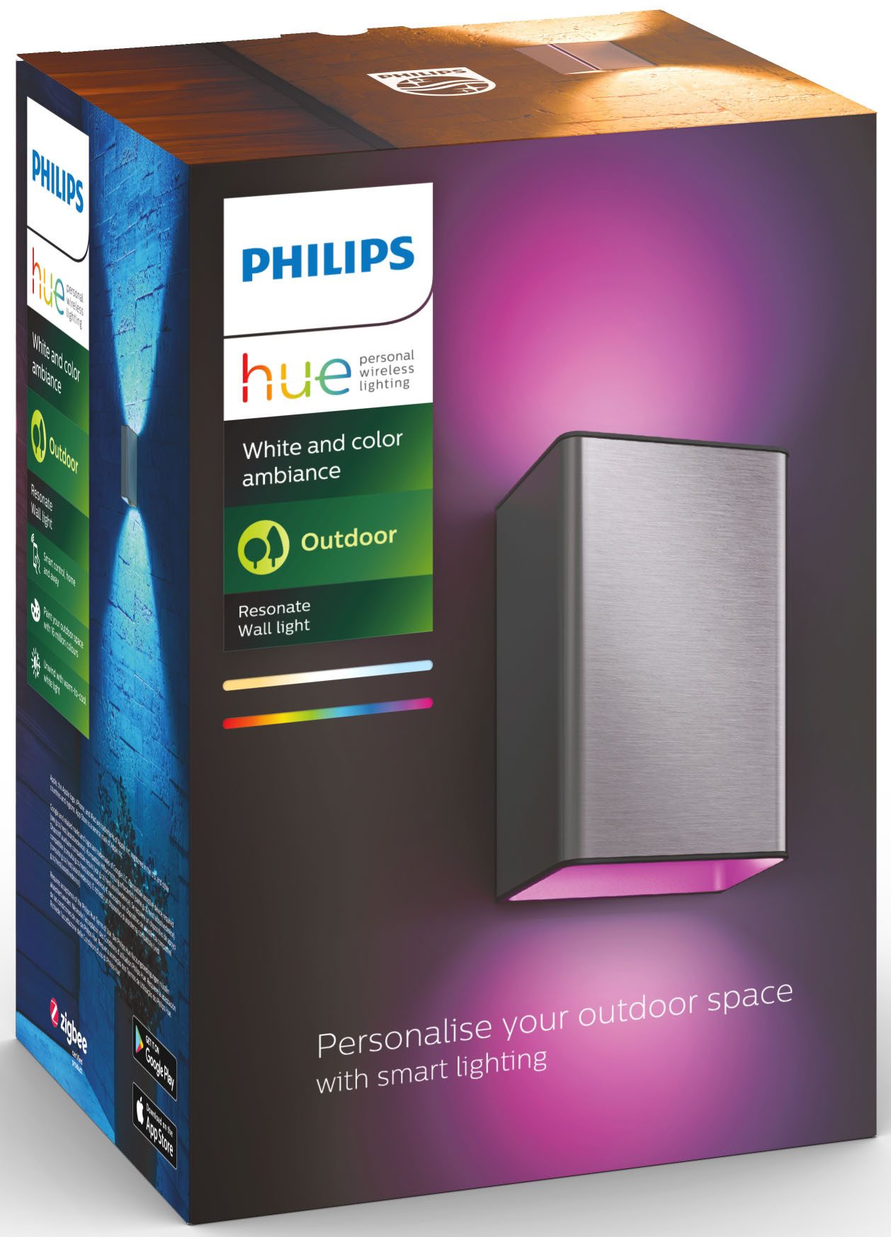 Philips Hue Außen-Wandleuchte White & Color Ambiance Resonate Wandleuchte silber, Abschaltautomatik, Bluetooth, CCT - über Fernbedienung, Dimmfunktion, Farbsteuerung, Farbwechsel, Leuchtdauer einstellbar, Memoryfunktion, Nachtlichtfunktion, RGB, Smart Home, Timerfunktion, dimmbar über Fernbedienung, erweiterbar, mehrere Helligkeitsstufen, LED fest integriert, RGB, Outdoor