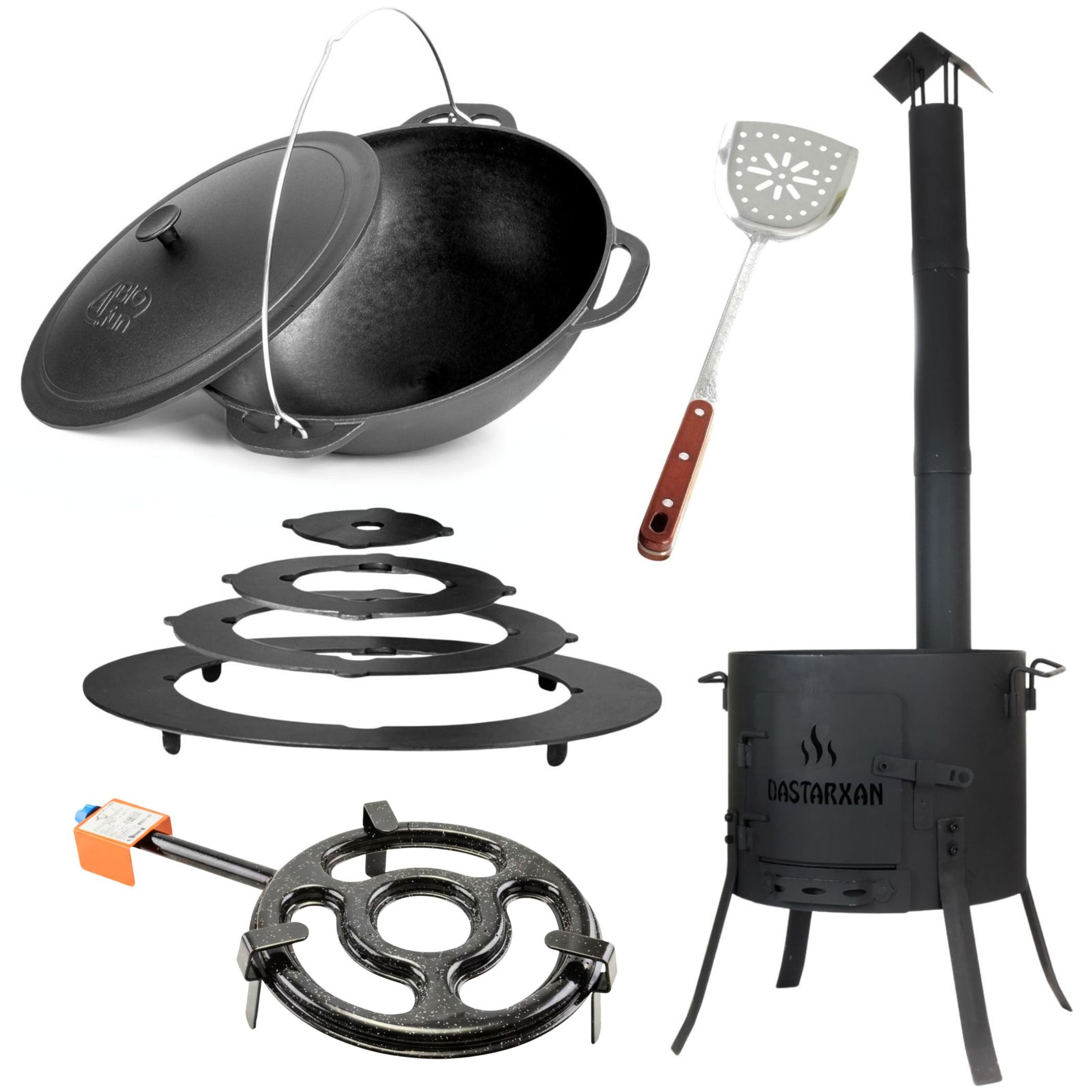 BIG-PAN Feuerstelle Premium Utschak komplett Set Ø40cm 15L Kazan Uchag, (Gulaschkessel Feuerkessel Outdoor Ofen, Kasan Asia für Plov Holzlöffel), Campingofen Außenküche Eintopfofen
