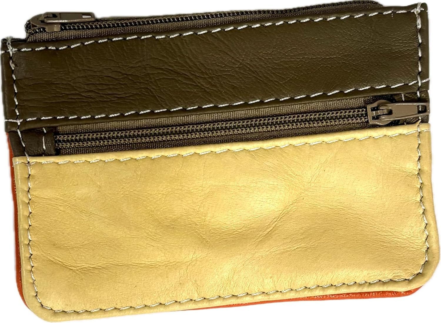 LK Trend & Style Mini Geldbörse Upcycled Leder-Geldbörse dreifarbig (mit Zwei Reißverschlüssen + Klettverschluss, Schlüsselring, 11 x 8 x 1 cm, Vorderseite Rottöne, Rückseite Brauntöne), aus Lederresten in Handarbeit hergestellt