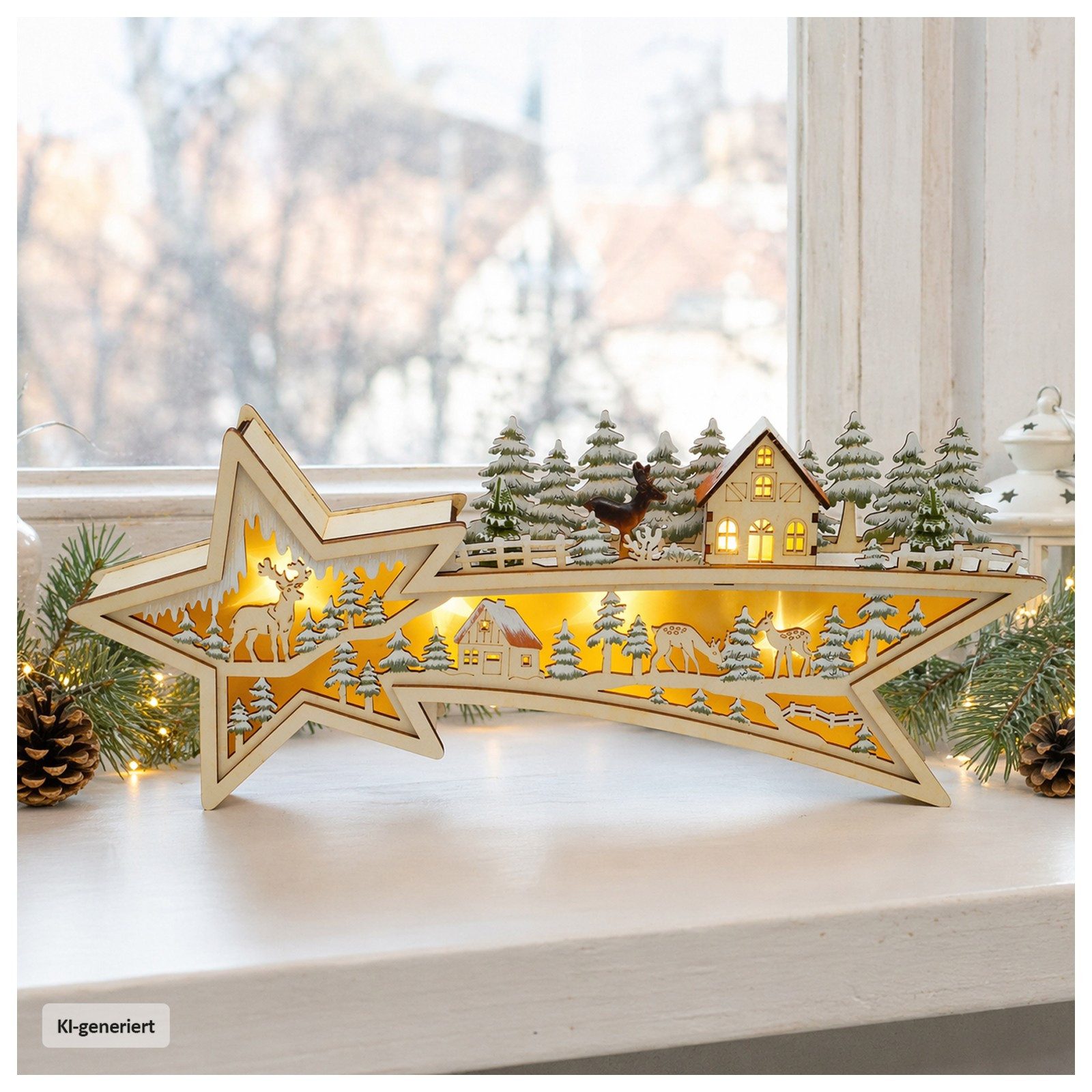 HTI-Living Schwibbogen LED Lichterbogen Sternschnuppe (1-tlg), Beleuchtete Weihnachtsdeko aus Holz, batteriebetrieben – Bild 3 von 3
