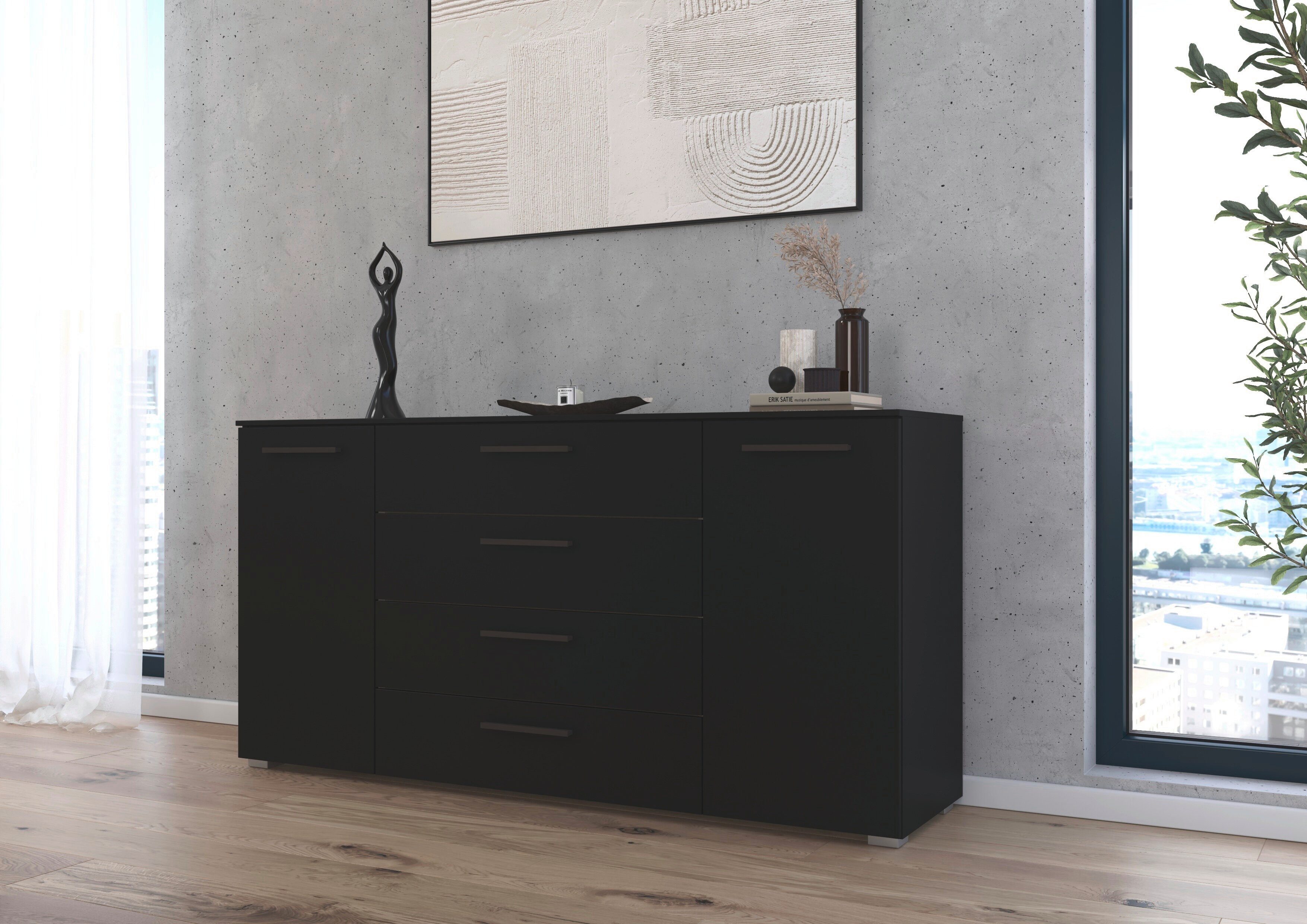 rauch Kombikommode Sideboard Schubkommode Kommode MONTCLAR Front Dekor/Hochglanz/Glas (Breite 160 / Höhe 81 cm, 2 Einlegeböden, inkl. Soft-Close-Funktion), 2-türig, 4 geräumige Schubladen, viele Griffvarianten MADE IN GERMANY