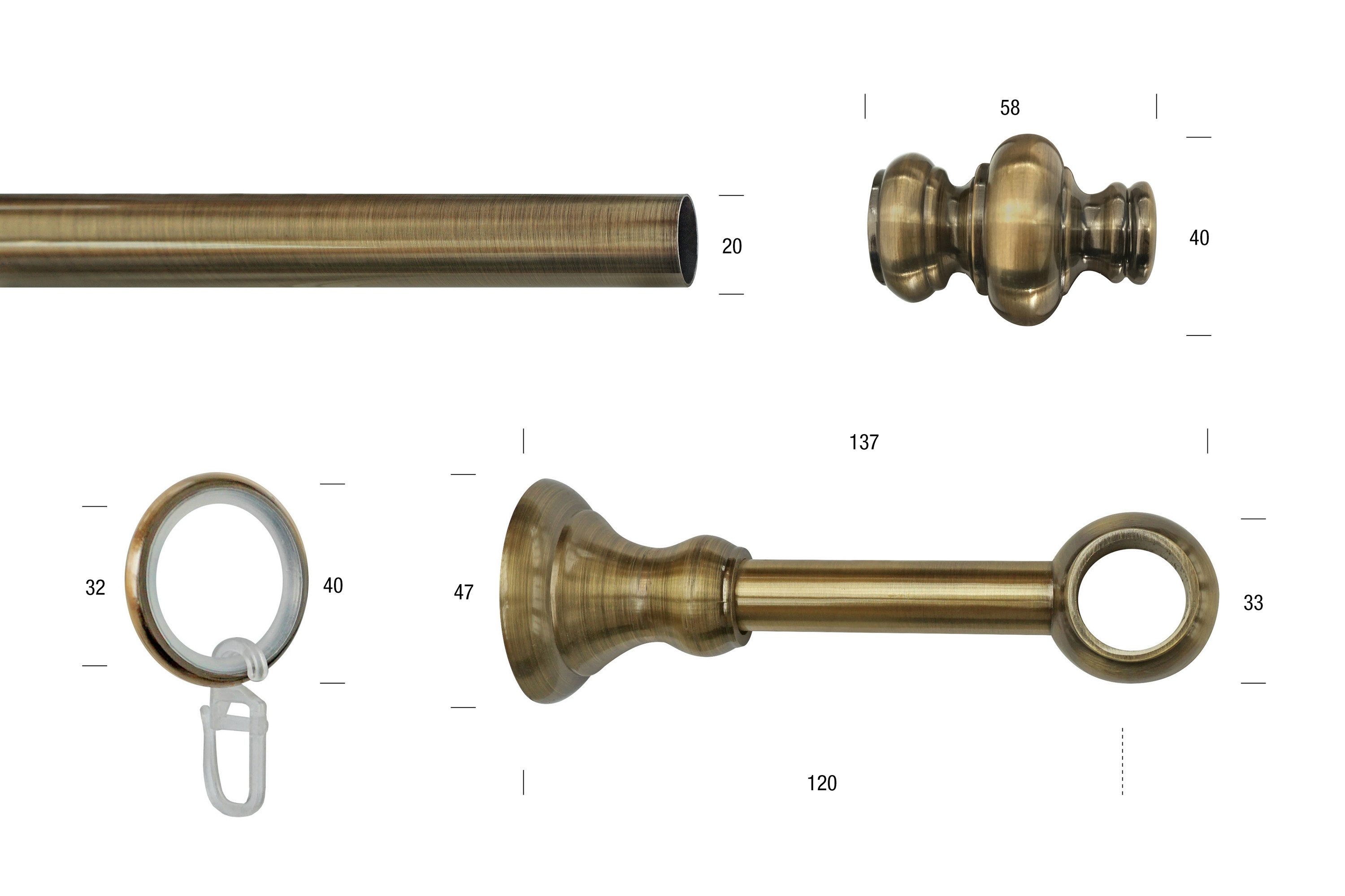 GARESA Gardinenstange ANDREA, Ø 20 mm, 1-läufig, Wunschmaßlänge, verschraubt, Metall, Vorhanggarnitur, verlängerbar, Endknopf Profil groß, mit Ringen