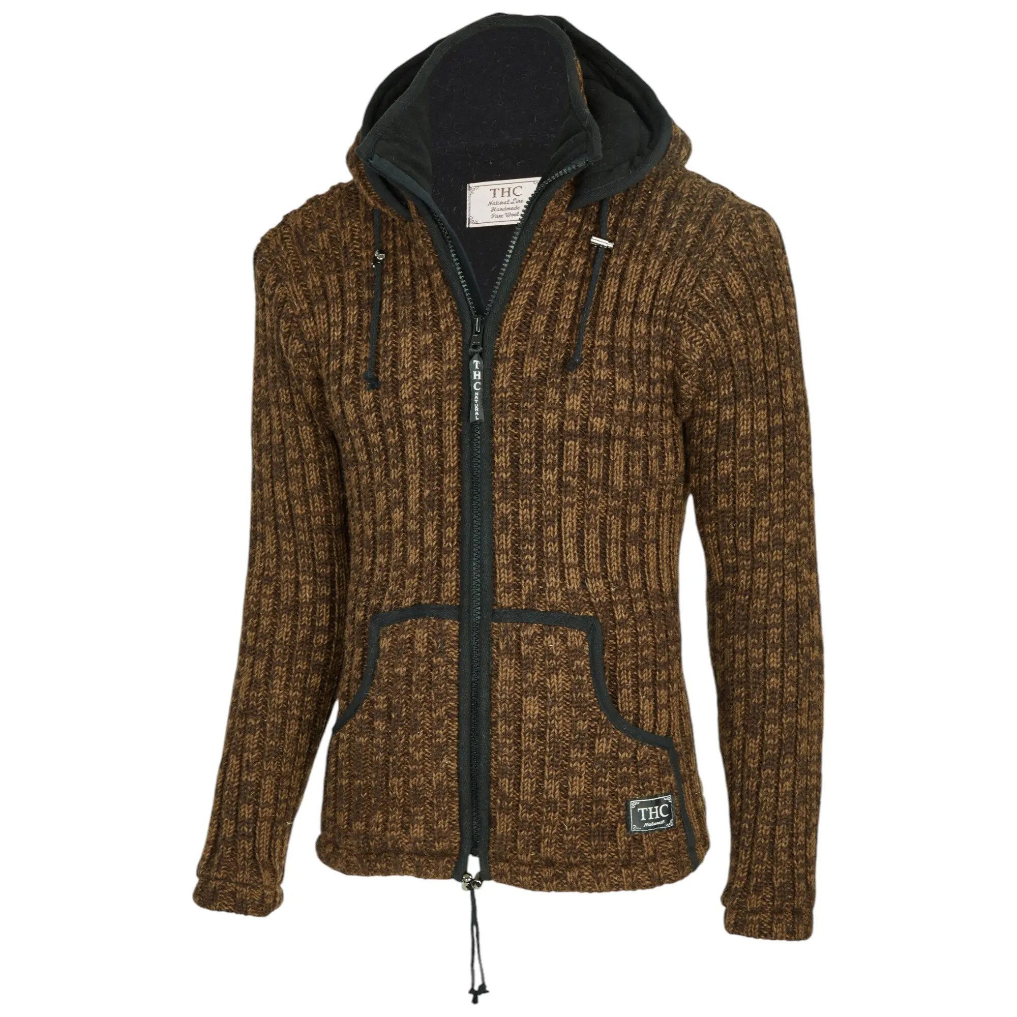 THC Natural Line Strickjacke THC Schafwollstrickjacke braun 718 (1 Stück, 1-tlg., 1 Stück) Strickjacke mit abnehmbarer Kapuze