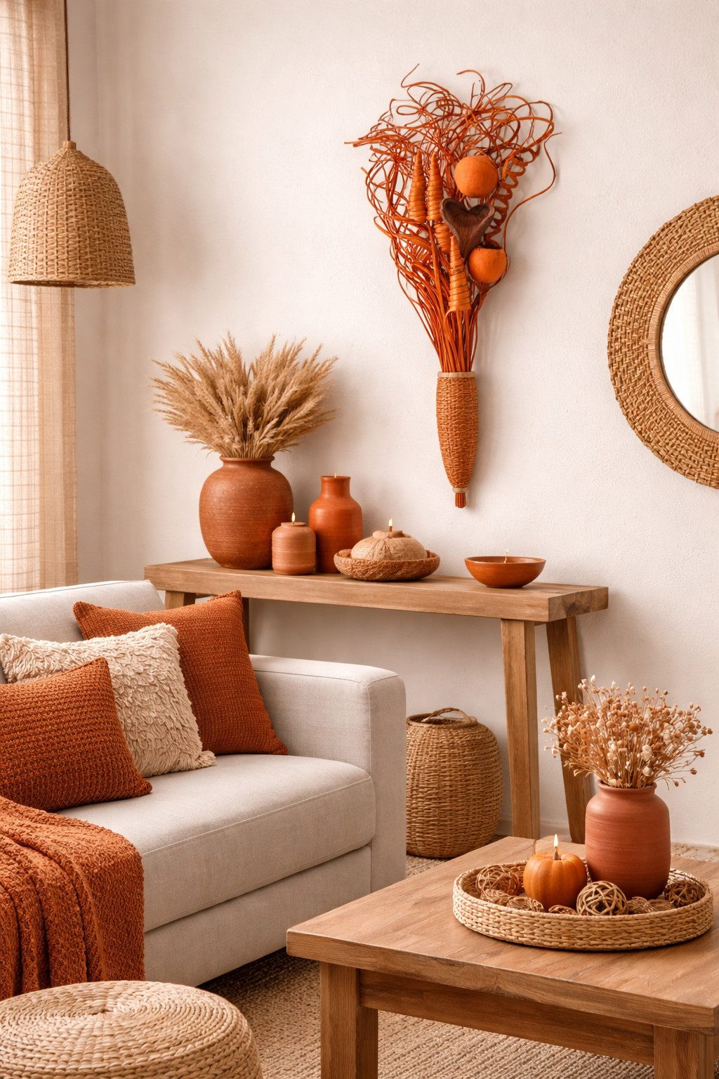 Trockenblume Grabstrauß BOHO Style Smart Curly orange 66cm Exoten Grabdeko, finehomegarden, Höhe 66 cm, Grabgestecke Alleheiligen Totensontag Trockenstrauß