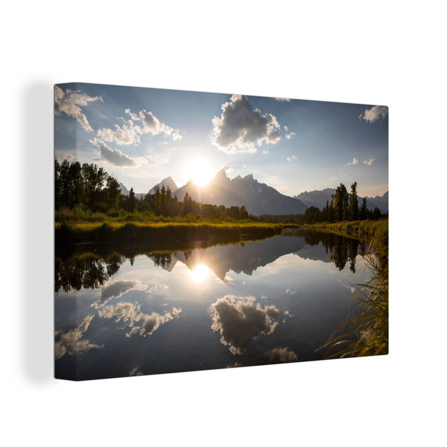 OneMillionCanvasses® Leinwandbild Untergehende Sonne hinter den Teton-Bergen in Wyoming, (1 St), Wandbild Leinwandbilder, Aufhängefertig, Wanddeko, 30x20 cm