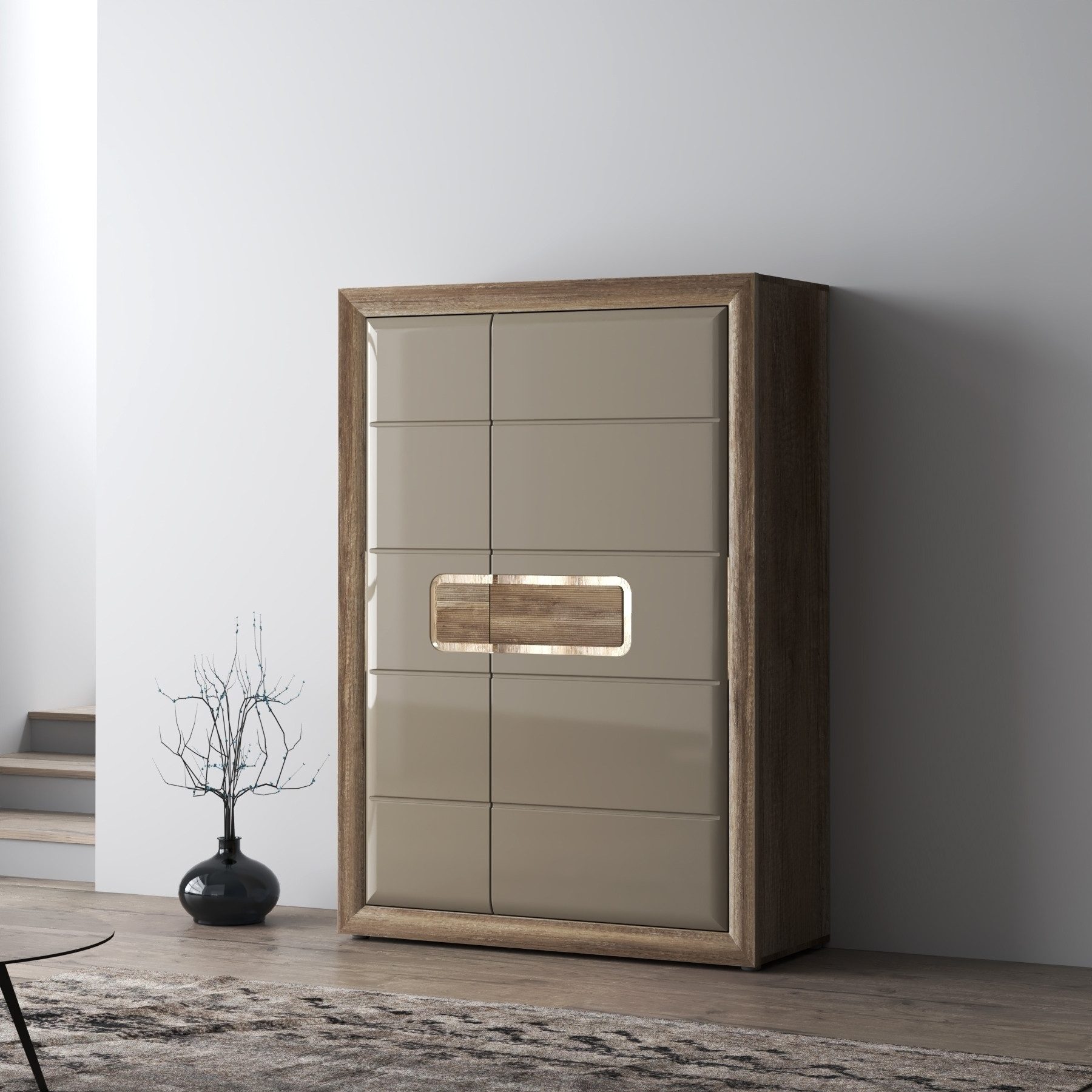 freiraum Highboard TIZANO, LED, in Eiche Antik Dekor / Beige Glanz - 108,8x155,4x41,3cm (BxHxT)